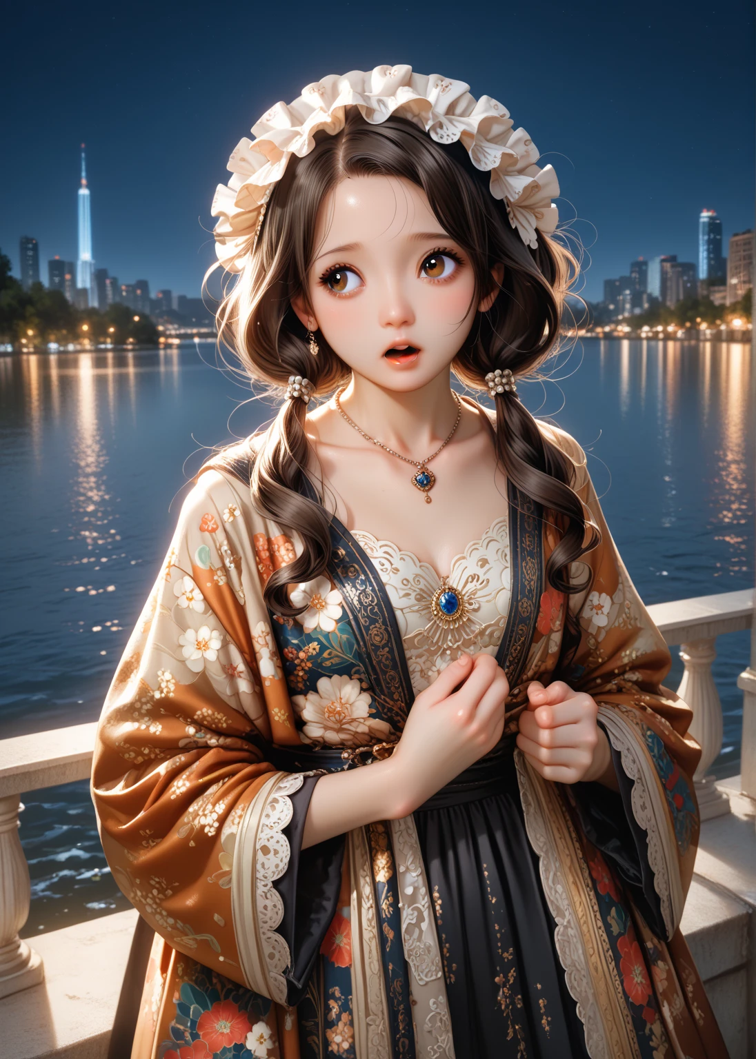 Tranquil Lake, city, 1 girl, large head, little fat, half open mouth, brown eyes, forehead, black curly hair, low twintails hair, floral pattern robe, jewelries, necklace, headdress, medium tits, evening, dynamic cute action, wave hand, shy, foot, full body, looking away, Gustav Klimt: art-nouveau style, Vincent van Gogh: post-impressionism style, english text title-logo