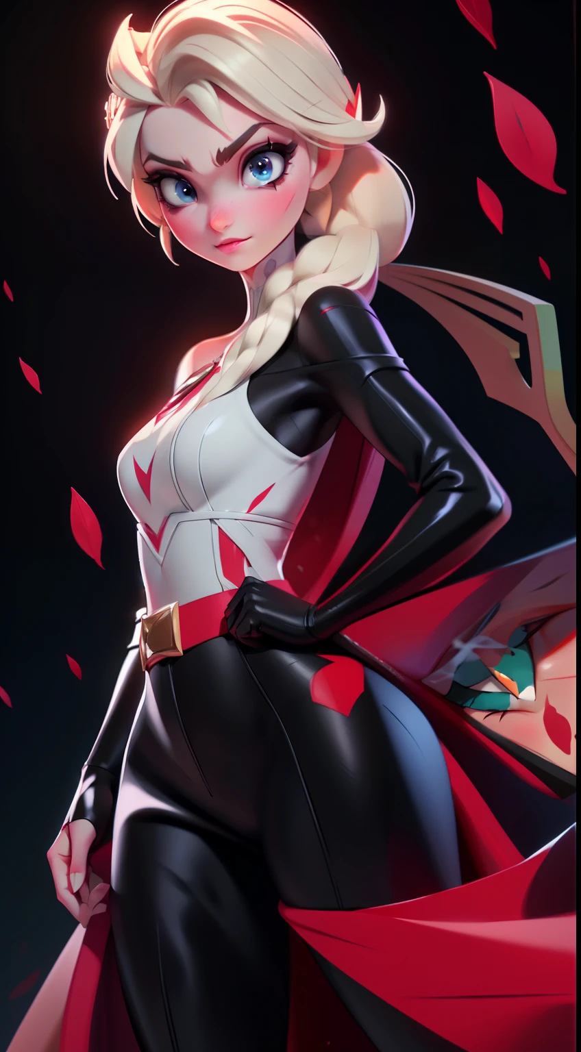 Elsa-Yor Briar Fusion, Mixing models, Melting, Yor Briar Clothing, Black latex bodysuit + red, White hair + reds, serious face, Red petals, Blood and ice particles, murderer, 1 girl, beautiful, character, woman, female, ( master part :1.2), ( best quality:1.2), (Alone:1.2), ((fighting pose)), ((battlefield)), cinematographic, perfect eyes, perfect skin, perfect lighting, to smile, light, Cor, textured skin, detail, Beleza, wonder, belt, perfect face