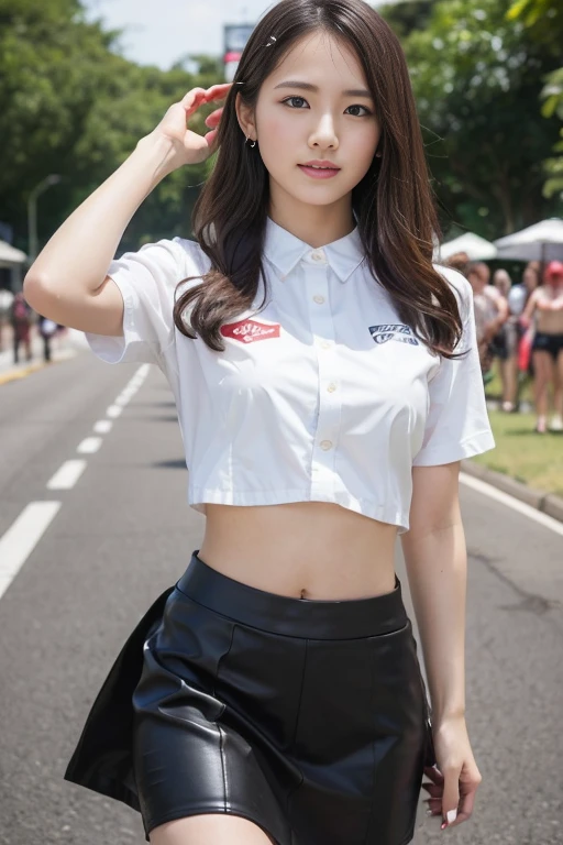 the Extremely Detailed CG Unity 8K Wallpapers, Best Quality, Ultra-detailed, masutepiece, Realistic, photographrealistic, extremely detailed cute girl, 25-years old,
(Wearing a grid girl costume with sponsor's logo printed on it:1.3), (Mini skirt ) , (Stand in a motorsport race), , ((Showing panties:1.3)), (cleavage), blush , ((ass shot)) ,
