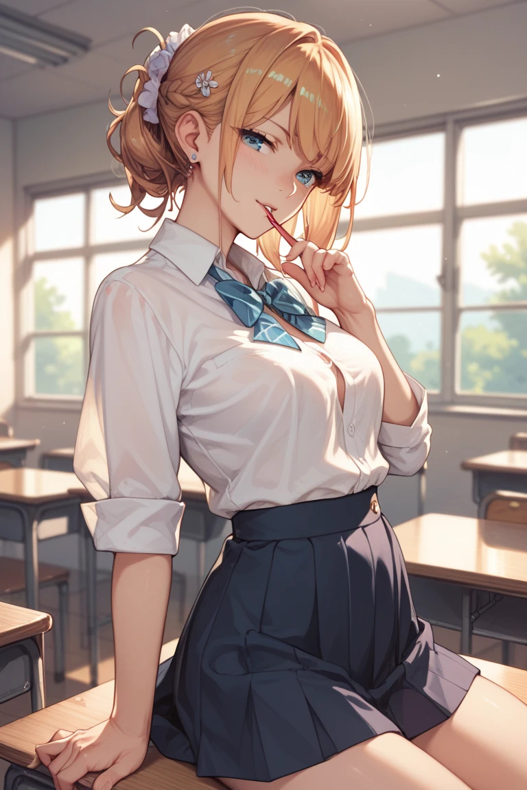 (masterpiece:1.2, highest quality), (realistic, photorealistic:1.4), beautiful illustrations, (profile,whole body, very low angle:1.3,from below:1.5)
1 girl, Japanese, high school girl, blown hair, (blonde short hair), bangs, hair between eyes, big breasts,
beautiful hair, beautiful face, beautiful and fine eyes, beautiful clavicle, beautiful body, beautiful breasts, beautiful thighs, beautiful feet, beautiful fingers, 
(Very dark place,very quiet music,very dark contrast,very dark tone,dark atmosphere,Backlight)
((Short sleeve shirt with collar, white shirt, school uniform, Grey plaid pleated skirt, Blue plaid bow tie,Black loafers)), white panties, 
(sitting, , lift the skirt, Grab the hem of the skirt, put your hand on your chest, hand between legs), 
blush, ,25 years old