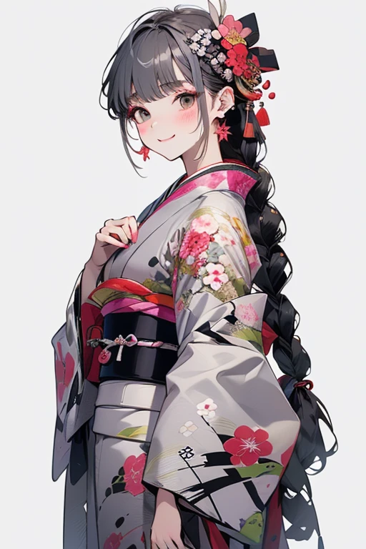 (  best quality , Highest,  high definition  , 8k,  Official Art), (kimono), (Princessのkimono :1.7), (花模Mr.のkimono:1.7), (woman:2.0), kimonoを着た女、Vivid kimono、 Amazing Digital Illustration 、美しいsmileの女、 White Tooth Top Is Visible 、 colorful な浮世絵風アニメイラスト、( jet black hair with grey hair highlights:1.7)、(medium braided hair :1.7)、Beautiful Anime Paintings、、 detailed anime art、smile、Mr.々pose、Princess、 Luxurious Hair Ornaments、豪華なkimono、(I wear a lot of hair ornaments:1.7)、(20 years old:1.7)、鮮やかなkimono、(kimonoのデザインを変えて:1.7)、Beautiful fingers、Beautiful hands、 hands aligned around front and bottom 、Floral decoration、Beautiful fingers、Carefully drawn hand、(髪と同じkimonoの色:2.0)、(Long-sleeved kimono:1.7)、足首まであるkimono、Legs hidden 、Long hem、Fluttering、 colorful 、( Draw Your Hair So You Can't See It:1.7)、