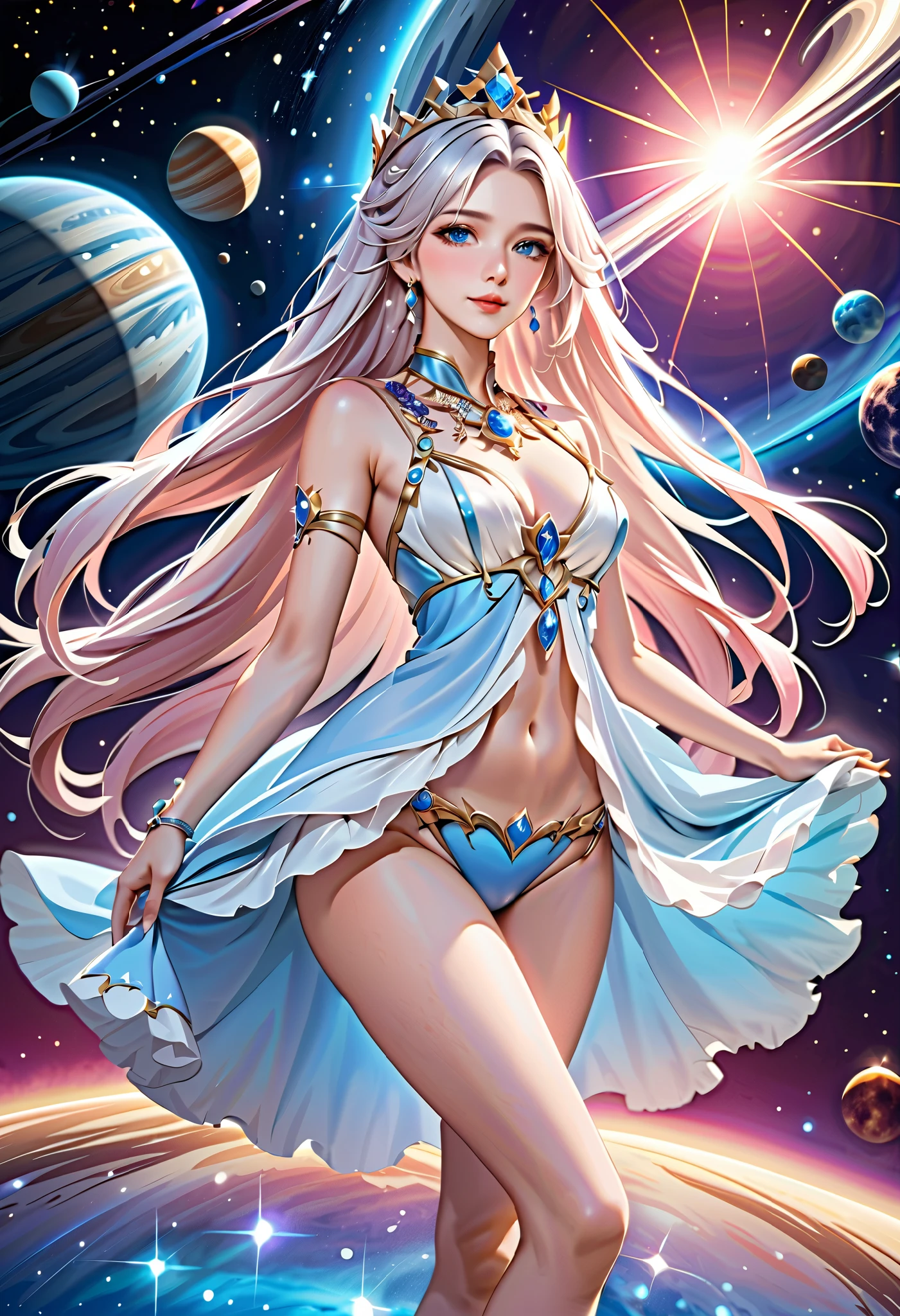 ( best quality, High image quality,  high definition , 8k), The most beautiful goddess,  Anatomically Beautiful Body , Beautiful blue eyes, Beautiful pink lips,  perfect face,  Long Silky Straight Silver Hair, whole body,  White and Light Blue Royal Tunic ,  Quartz and Sapphire Crown ,  standing, Detailed illustrated art with quiet hand and foot movements ,  look at me and smile, Celestial Bodies, planet, nebula, solar system,  starry sky , meteor,  background, 