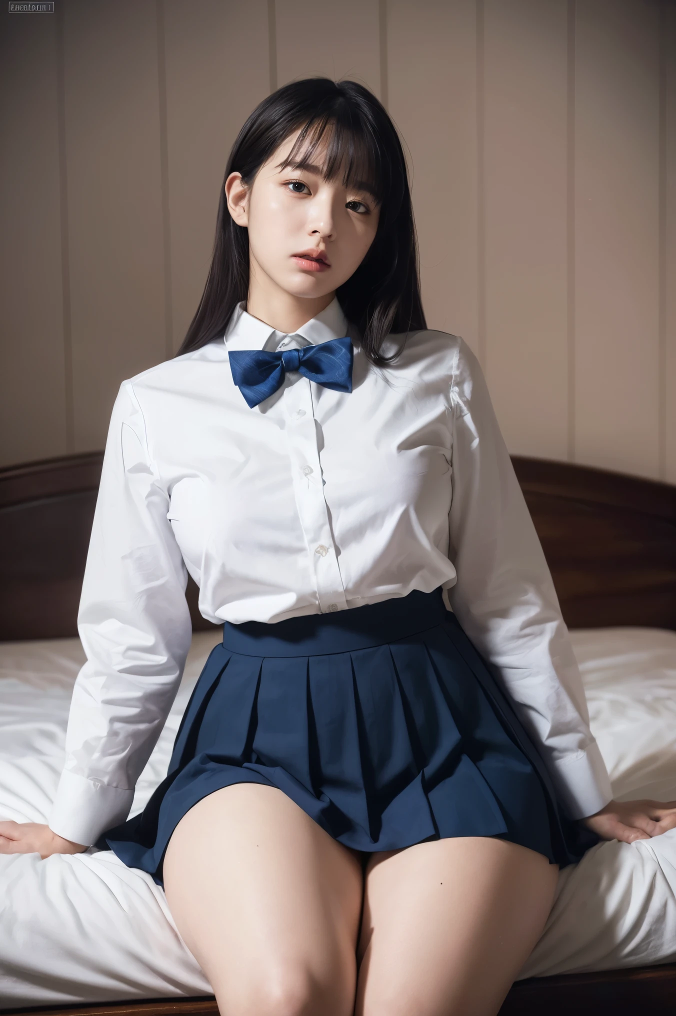 Masterpiece, High Resolution, Ultra High Resolution, 4K, chubby, black hair, Navy Blue pleated Skirt, White dress shirt, long sleeves, bow tie,Highlighted Thighs, White Thighs, Soft Thighs, Shiny Thighs, Bed Room, Face to Face Angle, Angle from Below, Camera Zoom to Hip Joint, Full Body, Looking Down and Sleepy, Looking Only at the Viewer, Top Quality, Ultra High Resolution, Photorealistic, High Resolution, Detailed, Lens Rich Colors, Ultra Realistic and Lifelike Textures, Dramatic Lighting, Unreal Engine, Moles