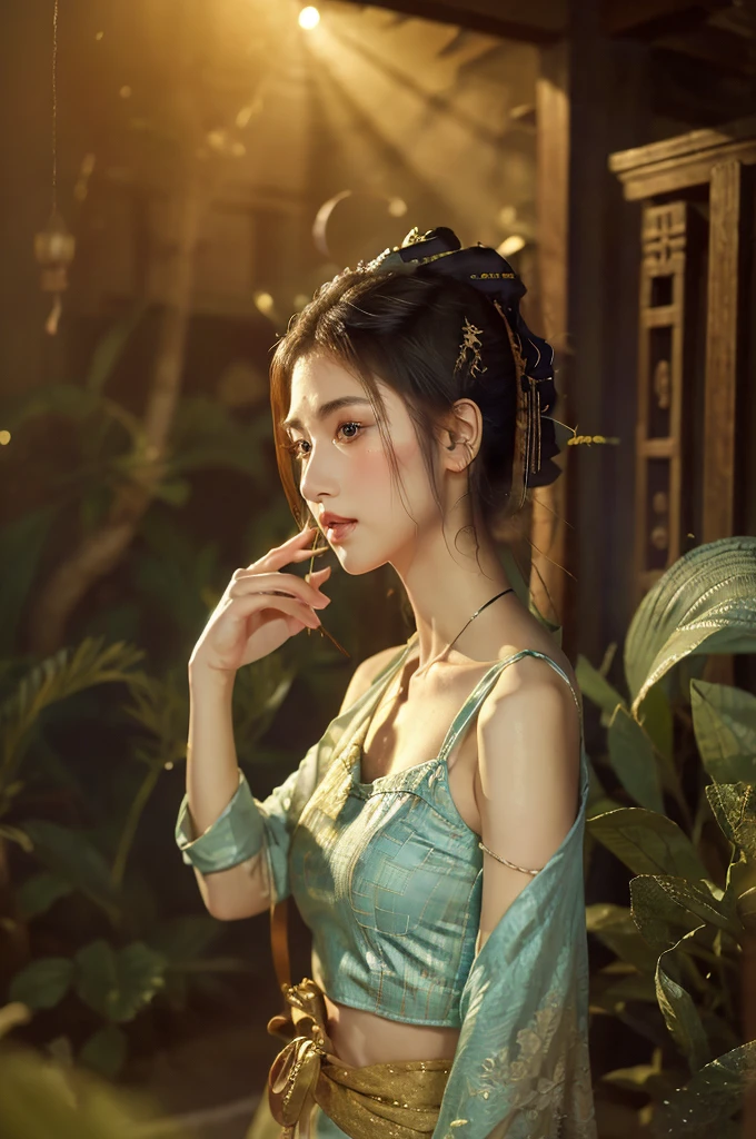 ( masterpiece, top quality, best quality,8k,17 years old girl,ultra detailed,raw photo:1.5),(photorealistic:1.4),(cinematic lighting), PerfectNwsjMajic, , Surrealism, UHD, ccurate, Super detail, textured skin, High detail, Best quality, dynamic angle, (high nose,White skin),[Beautiful blue eyes],(1girl),(good anatomy:0.5)), dunhuang_style, Dreamy atmosphere,expressive brush strokes, mystical ambiance, Artistic interpretation, a whimsical illustration, Subtle colors and tones, straight face, river, (loose hair)