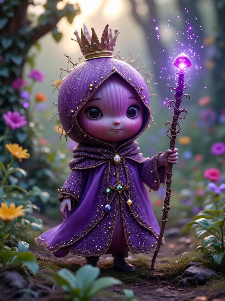 Extra Long Shot, A mangosteen with humanoid features， wears a dynamic fairy costume ，Including a purple crown and a gauze skirt as thin as a cicada's wing。The character has a pair of gentle eyes，The expression is pure and kind。Holding a magic wand，The wand head is shining with purple light。The background is a beautiful deep forest，Colorful flowers are blooming，Birds are singing on the branches，The afterglow of the sunset is sprinkled on the green grass，Creates a dreamy atmosphere。The purple texture of the mangosteen's skin、The round shape and magical light make this character full of charm，Gentle personality 。Realism，photography，Blind Box，Disney，3D Rendering，C4D，OC Renderer，Full body portrait