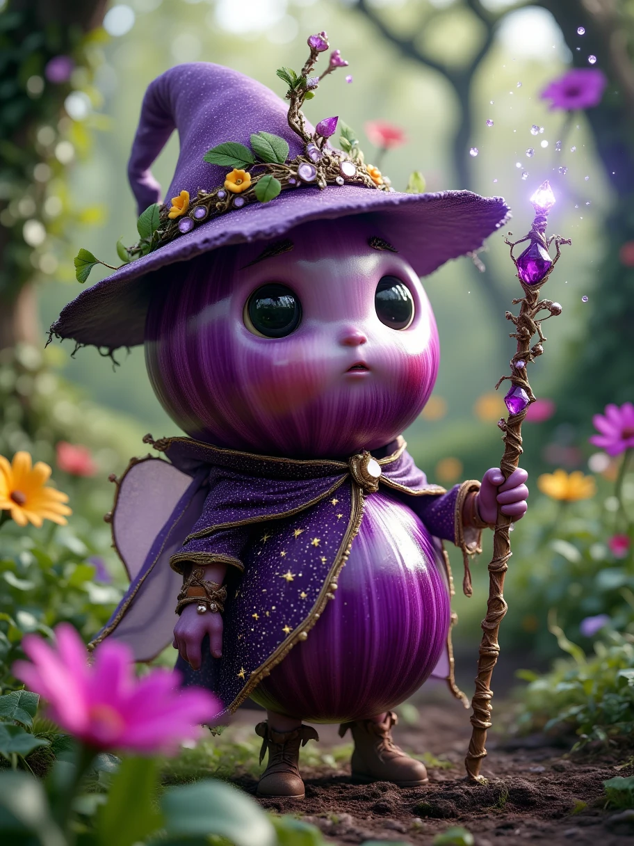 Extra Long Shot, A mangosteen with humanoid features， wears a dynamic fairy costume ，Including a purple crown and a gauze skirt as thin as a cicada's wing。The character has a pair of gentle eyes，The expression is pure and kind。Holding a magic wand，The wand head is shining with purple light。The background is a beautiful deep forest，Colorful flowers are blooming，Birds are singing on the branches，The afterglow of the sunset is sprinkled on the green grass，Creates a dreamy atmosphere。The purple texture of the mangosteen's skin、The round shape and magical light make this character full of charm，Gentle personality 。Realism，photography，Blind Box，Disney，3D Rendering，C4D，OC Renderer，Full body portrait