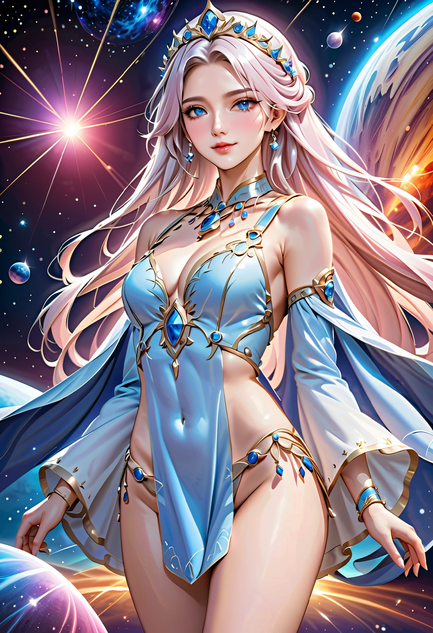 ( best quality, High image quality,  high definition , 8k), The most beautiful goddess,  Anatomically Beautiful Body , Beautiful blue eyes, Beautiful pink lips,  perfect face,  Long Silky Straight Silver Hair, whole body,  White and Light Blue Royal Tunic ,  Quartz and Sapphire Crown ,  standing, Detailed illustrated art with quiet hand and foot movements ,  look at me and smile, Celestial Bodies, planet, nebula, solar system,  starry sky , meteor,  background, 