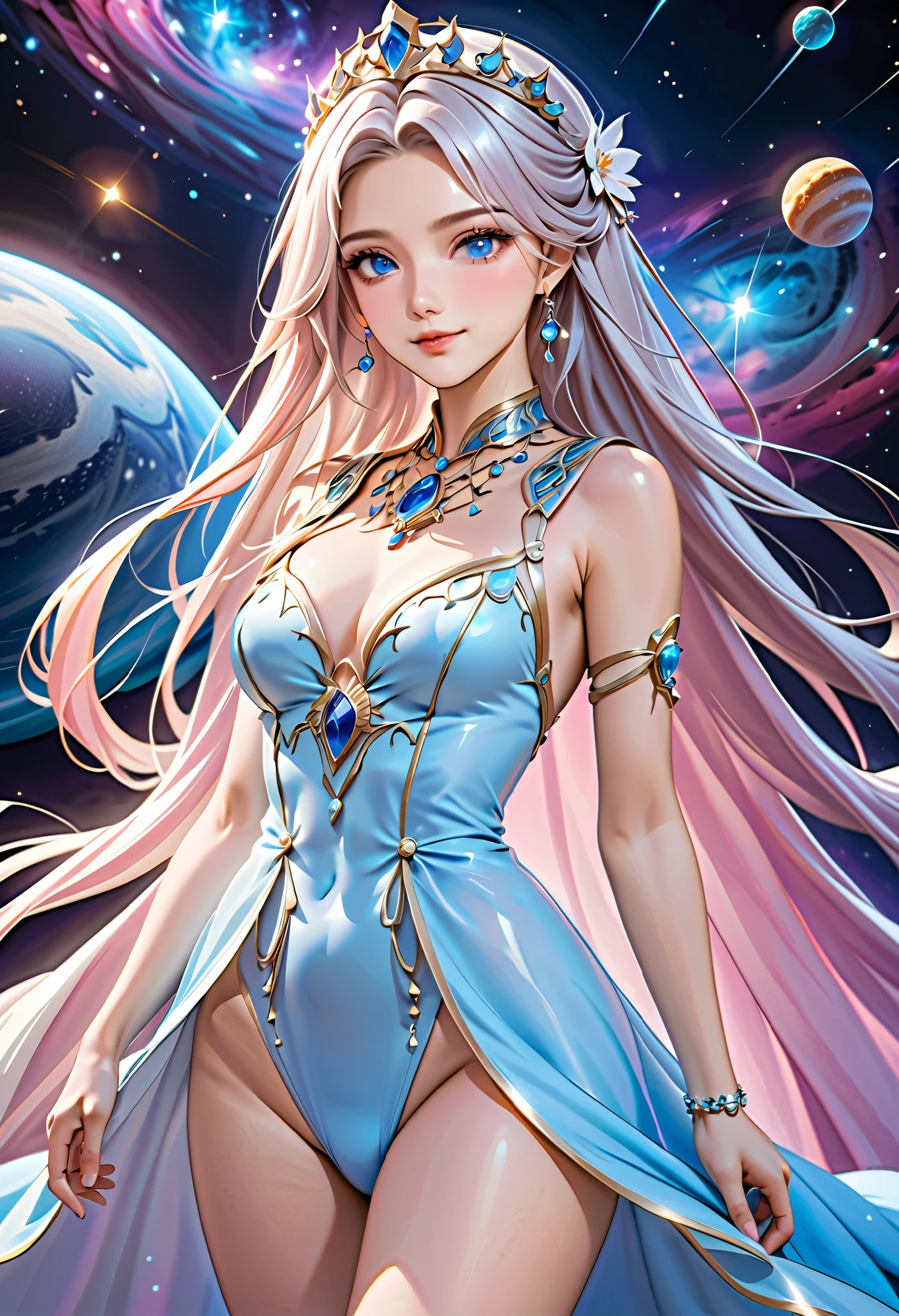 ( best quality, High image quality,  high definition , 8k), The most beautiful goddess,  Anatomically Beautiful Body , Beautiful blue eyes, Beautiful pink lips,  perfect face,  Long Silky Straight Silver Hair, whole body,  White and Light Blue Royal Tunic ,  Quartz and Sapphire Crown ,  standing, Detailed illustrated art with quiet hand and foot movements ,  look at me and smile, Celestial Bodies, planet, nebula, solar system,  starry sky , meteor,  background, 