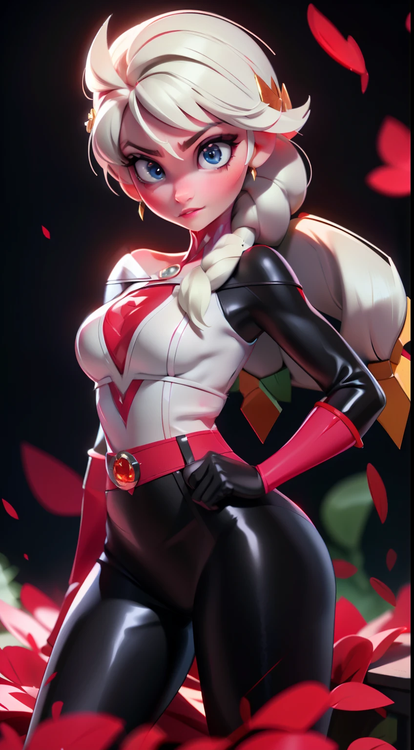 Elsa-Yor Briar Fusion, Mixing models, Melting, Yor Briar Clothing, Black latex bodysuit + red, White hair + reds, serious face, Red petals, Blood and ice particles, murderer, 1 girl, beautiful, character, woman, female, ( master part :1.2), ( best quality:1.2), (Alone:1.2), ((fighting pose)), ((battlefield)), cinematographic, perfect eyes, perfect skin, perfect lighting, to smile, light, Cor, textured skin, detail, Beleza, wonder, belt, perfect face