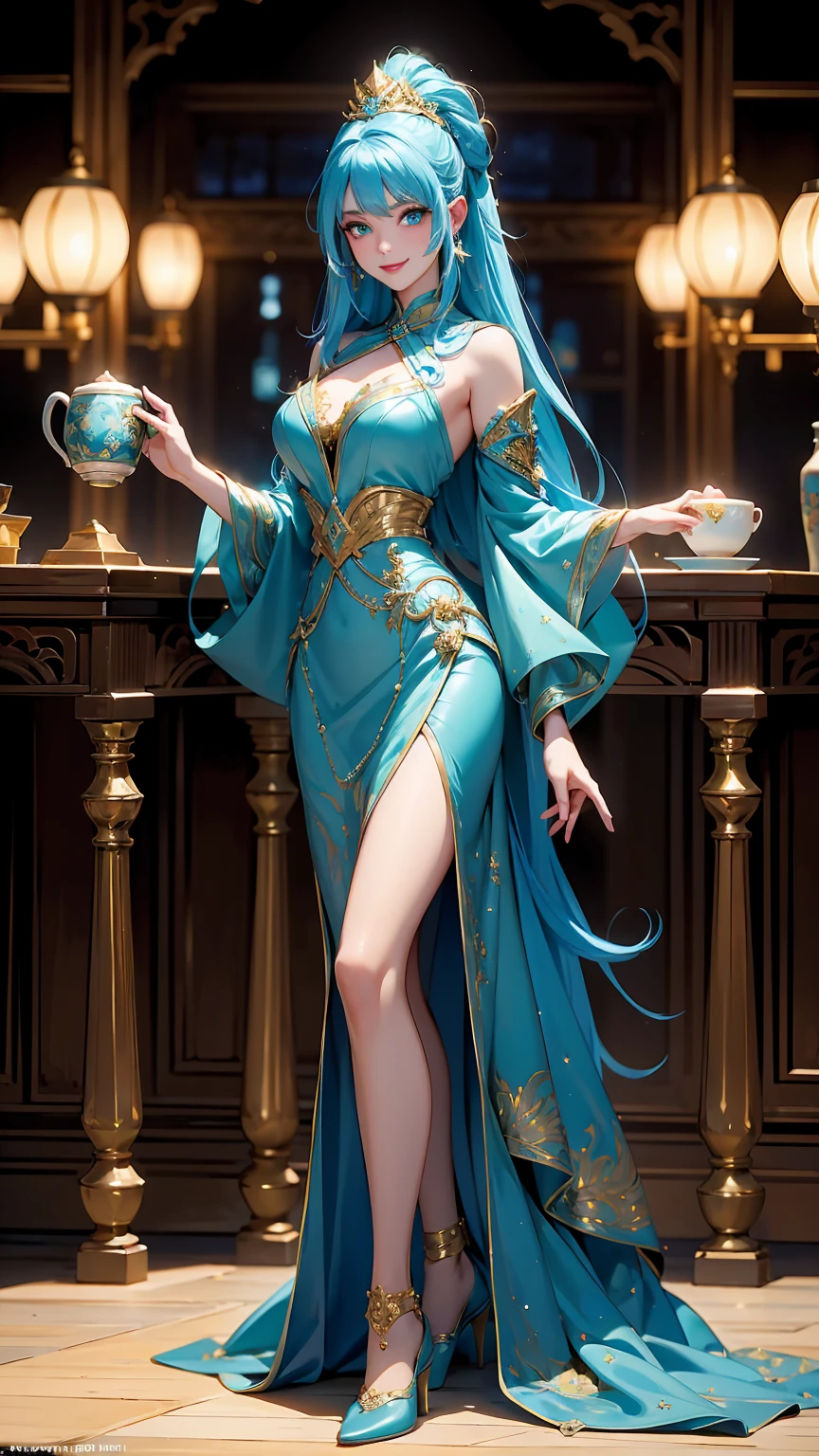 (Best quality, 4k, Masterpiece :1.3), beautiful woman, hyper realistic, 1girl, (massive breasts, attractive body :1.2), Wallpaper HD, Standing on castle, ultra-detailed face, detailed lips, detailed eyes, double eyelid, sensual low-necked dress, open neckline, hanging breasts, Walking pose, visible curves, transparent robe, muscular turned leg, shiny body