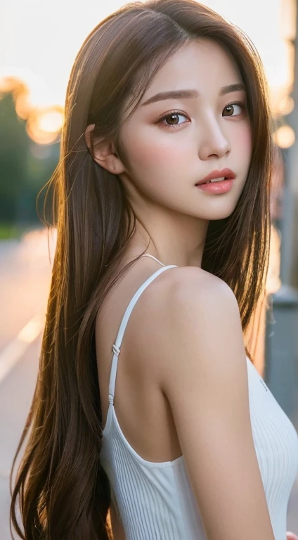 Highest quality, 8K, ,masterpiece :1.3)), In-person audience,((Whole body 1.2)) ,Beautiful woman, Wide Shot ,One girl, , Selfie , , illumination , Brown Hair , bangs,Highly detailed face, Highly detailed lips, Fine grain, double eyelid