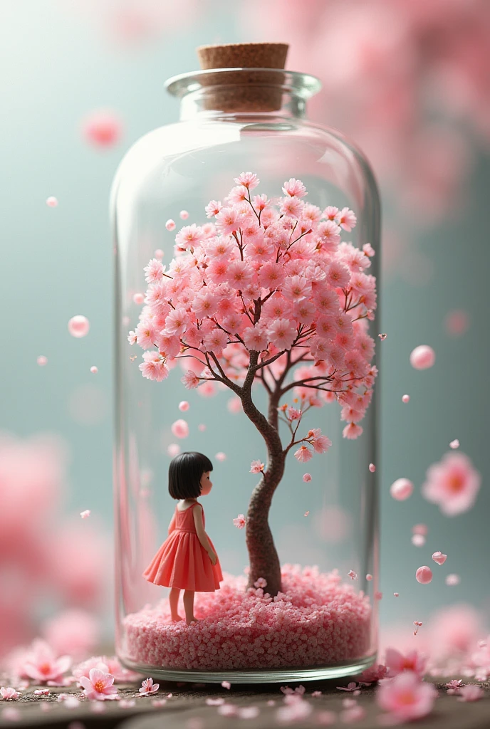 In a glass bottle　Tiny little cherry tree 　Cherry blossoms falling　  wearing a tiny little cherry colored dress