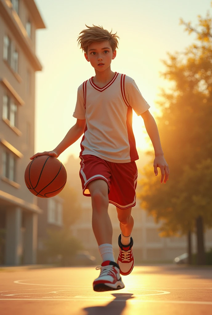 Foto realistik :A high school boy is playing sports on the basketball court. He has a short hairstyle and wears a brightly colored school sports uniform. The background is a basketball court with lines. Hd