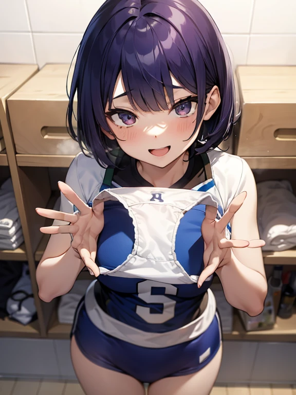 1girl,
indoor, lockerroom,
short bob hair, purple hair, BREAK,
volleyball uniform,
Looking down,Look at the viewer,from a ,From adove (from above),low angle shot,{{{from below:2.0}}},Blue pantie pull down,
cum on Panties,huge breasts
masutepiece, Best Quality, , absurderes, Perfect Skin, Detailed skin texture, ultra-detailliert, 8K, Intricate details, beautifull detailed face,hight resolution,
 {{{shaded face}}}, mock, smile big, happy smile, open mouth, looking down at viewer, masterpiece,absurderes, beautiful detailed face