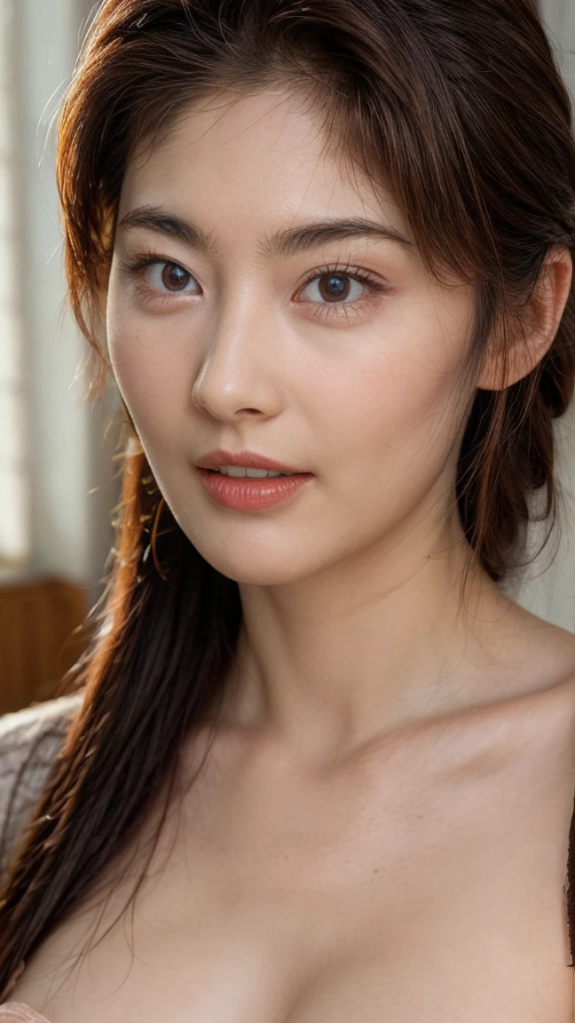 The high resolution photograph of a 52-year-old Japanese mature actress, (realistic, photo realistic:1.37), 
16K, RAW photo, amazing quality, highest quality, extremely detailed, intricate details, sharp details, sharp focus, professional lighting, realistic lighting, delicate light and shadow, soft light reflection, facial light, bright light, ray tracing, portrait, solo, 1girl, pale skin, fine-textured skins, natural make-up, detailed face, detailed eyes, beautiful eyes, sophisticated nose, improves hair quality, fine hair texture, transparent muscles, (accentuates body lines), (extremely precise and accurate anatomy), beautiful contours,  large breasts, thin nipples, graceful pose, lewdlook, indoors,