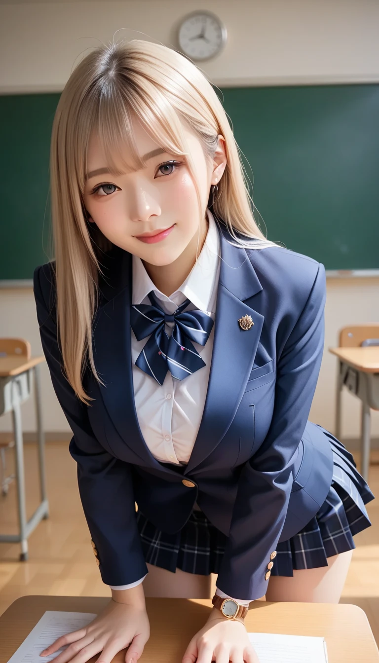   score_9,  score_8_up,  score_7_up, super detailed,  BREAK Complete Anatomy  , 32K,    Masterpiece  ,  best quality, super high definition ,  beautiful face and eye details flooded into the classroom,  beautiful Japanese woman  ,  blonde hair, invalid,smile,steam,  school uniform,  blazer,   modern style fitted jacket that makes you lean forward when you run into the classroom,short skirt and tights,  Turn your hands backwards, Big Breasts ,  leaning forward when rushing into the classroom,From a viewpoint,  watch viewers,town