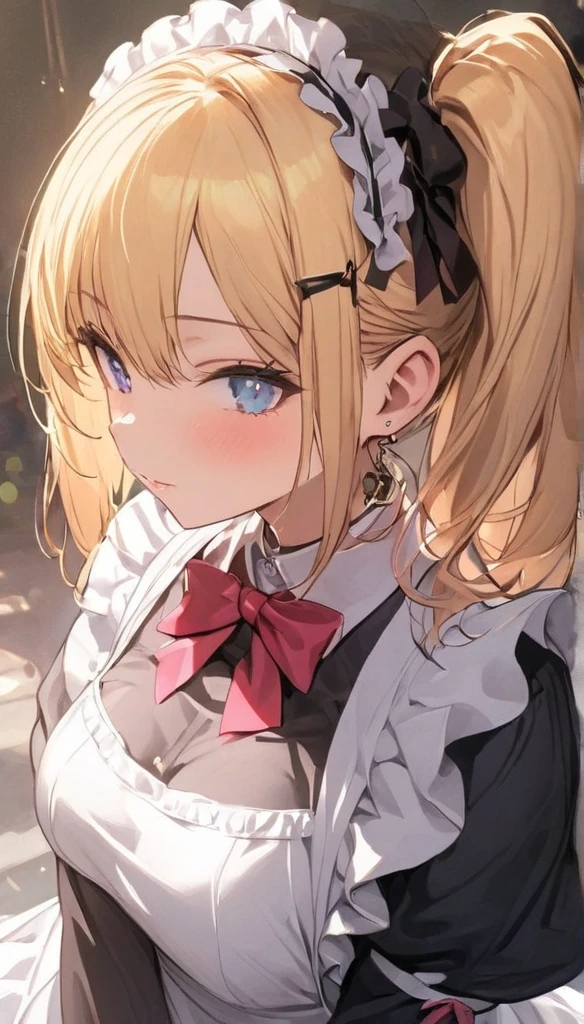(masterpiece:1.2), (highest quality:1.2), perfect eyes, perfect face, perfect lighting, sunlight, outdoor, desert, 1 boy,blonde red eye, ((((((hair over one eye)))))), Braid Styles, spiked hair, blunt bangs, bob hair, single braid, a braid, Ahoge, cute eyes,, (((gothic maid))), cute eyes, closed mouth, ((from above)), ((front)), ((smile)), spoken heart, nipple, abs,