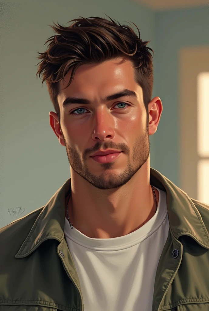 (a watercolor and pencil drawing of an incredibly handsome 35-year-old athlete with short light brown hair, um peito largo