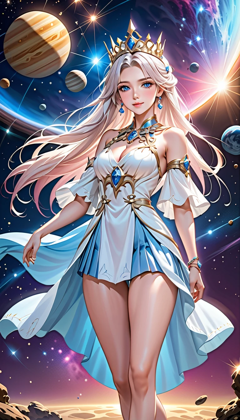 ( best quality, High image quality,  high definition , 8k), The most beautiful goddess,  Anatomically Beautiful Body , Beautiful blue eyes, Beautiful pink lips,  perfect face,  Long Silky Straight Silver Hair, whole body,  White and Light Blue Royal Tunic ,  Quartz and Sapphire Crown ,  standing, Detailed illustrated art with quiet hand and foot movements ,  look at me and smile, Celestial Bodies, planet, nebula, solar system,  starry sky , meteor,  background, 