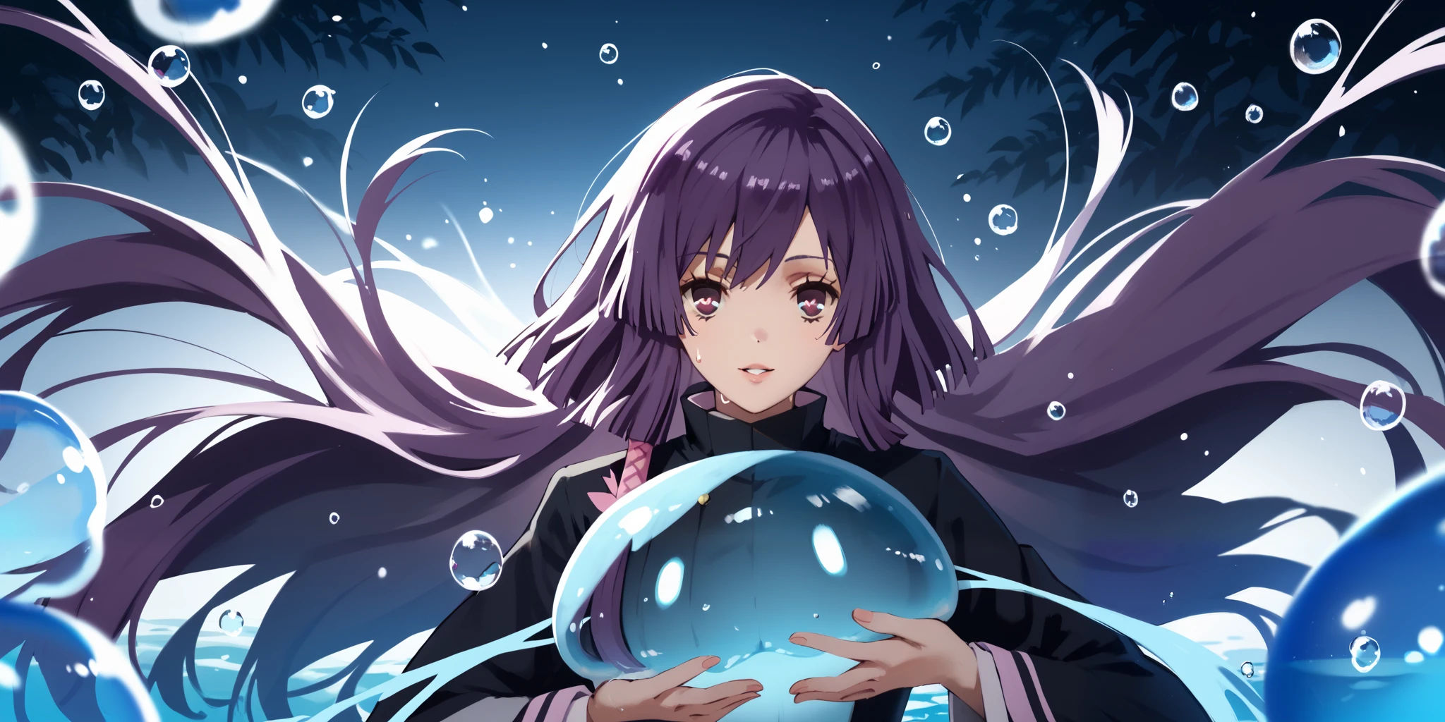 (PersonalAmi art style:0.7), (hero neisan art style:0.7), score_9, score_8_up, score_7_up, score_6_up, uncensored, natsumi tsuchimikado, long hair, purple hair, purple eyes, medium breasts, hair tube, short hair with long locks, (skindentation:1.2), (thick:1.2), BREAK (perfect hands, perfect anatomy), beautiful detailed eyes, beautiful detailed lips, extremely detailed face and portrait, elegant expression, soft warm lighting, volumetric lighting, cinematic composition, detailed environment, lush garden, vibrant colors, intricate details, masterpiece, high resolution, digital painting, excessive sweating, sweating profusely, sweating drop, gasping, heavy breathing, hollow eyes BREAK bright pupils, 1girl, looking at viewer, smile, bubble, holding, solo, jellyfish, upper body, parted lips, water, water drop, slime \(creature\)