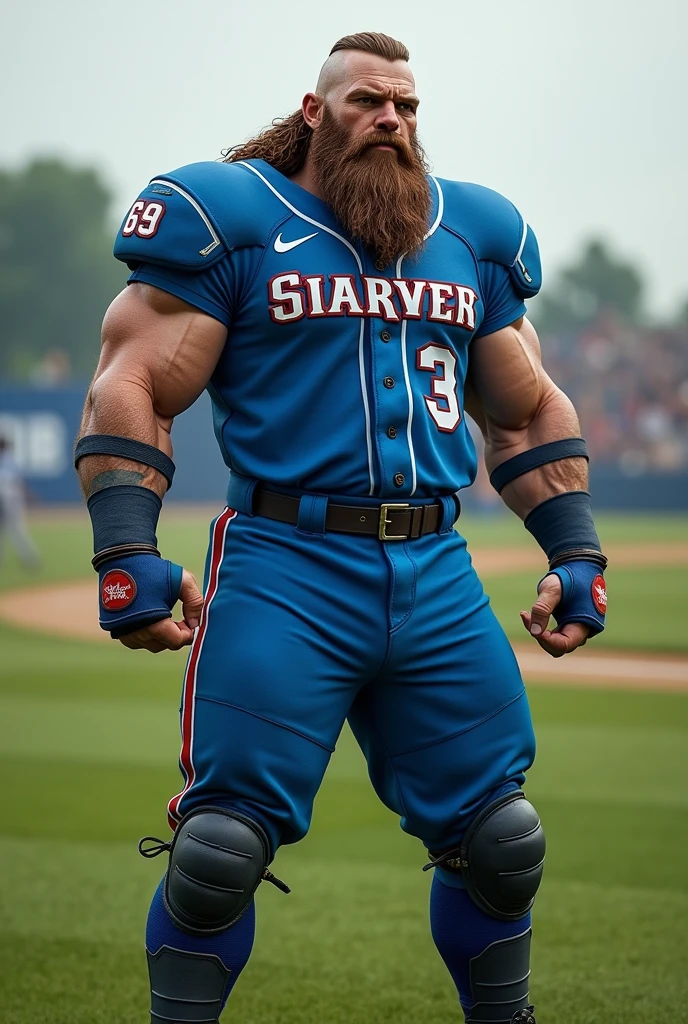 A large, muscular, handsome male (human) with (((long ginger hair))) wearing a (torn rugby uniform) on a (((rugby field))) holding a rugby ball. ((torn clothes:1.2)), broad shoulders, big biceps, big pecs, big thighs, (((big feet:1.5))), ((torn shoes:1.3)), (barefoot), male focus, relaxed, (chiseled jawline), detailed eyes, high quality, best quality, concept art, photorealistic, octane render, unreal engine, sharp focus <lora:more_details:1.5>