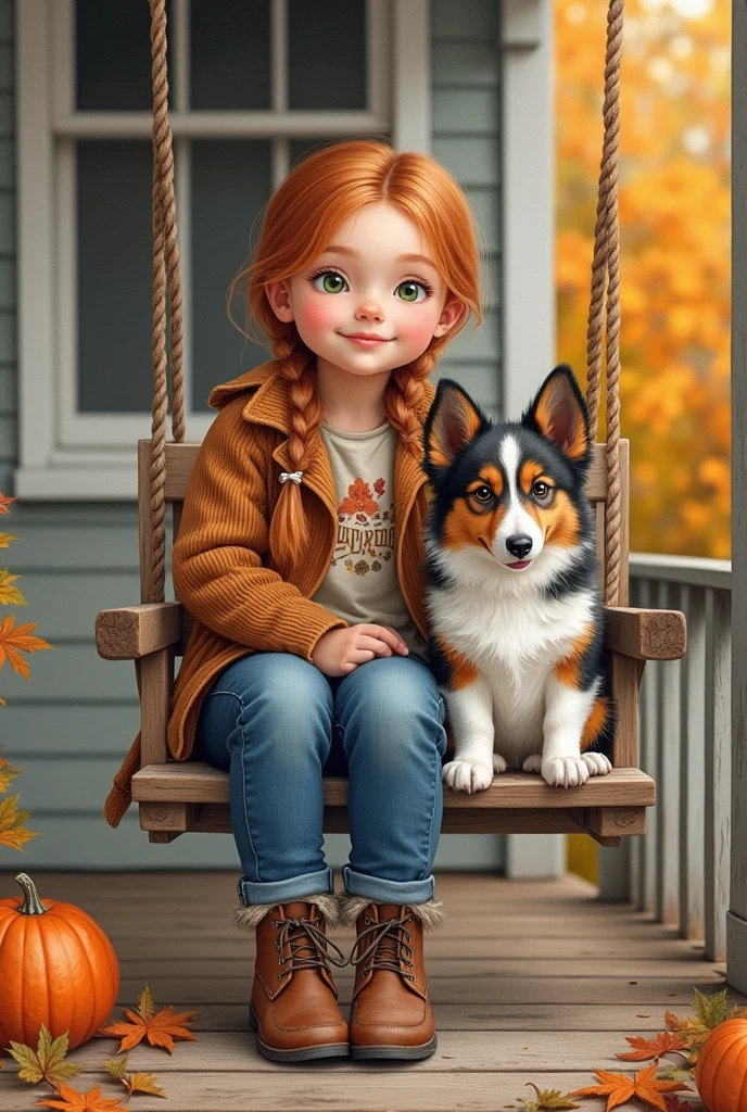 watercolor,4k resolution, oil blend, air brushed, ultra detailed image of a beautiful young girl with light auburn hair in fishnet braids, green eyes, wearing a brown corduroy jacket, autumn themed shirt, blue jeans, brown boots, sitting on a porch swing, her Weimaranerpuppy is sitting beside her on the swing, autumn feel, background is the porch of an old country farmhouse

watercolor,4k resolution, oil blend, air brushed, ultra detailed image of a beautiful young girl with light auburn hair in fishnet braids, green eyes, wearing a brown corduroy jacket, autumn themed shirt, blue jeans, brown boots, sitting on a porch swing, her miniature Collie puppy is sitting beside her on the swing, autumn feel, background is the porch of an old country farmhouse

Thank you, Loreen Goebel Snider, for the inspiration.