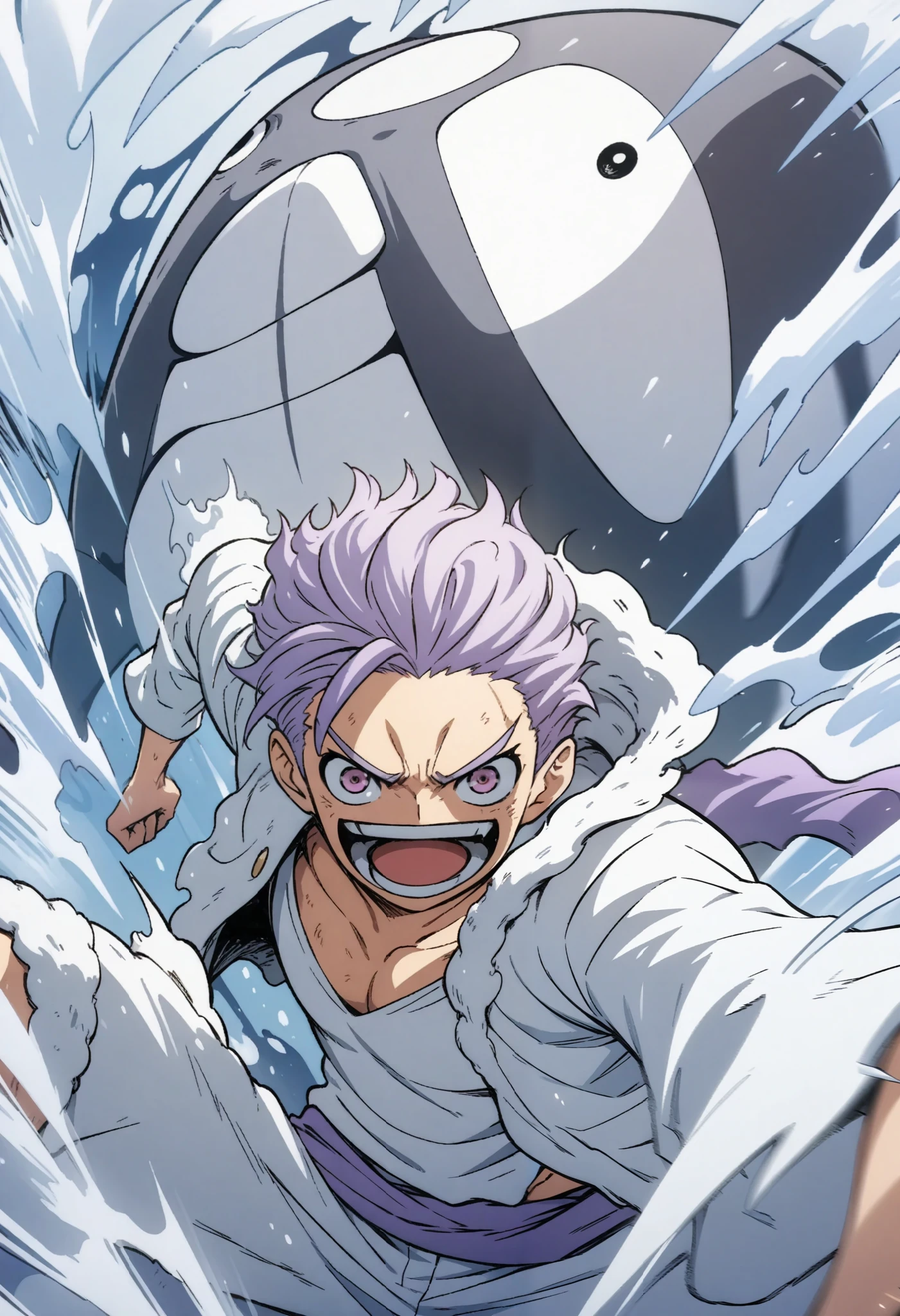 Anime illustration of a killer whale and a boy. Purple hair, slicked back hairstyle, short hair, white jumper with fur, pointed sunglasses, dynamic pose, masterpiece, highest quality, highly detailed CG Unity 8K wallpaper,