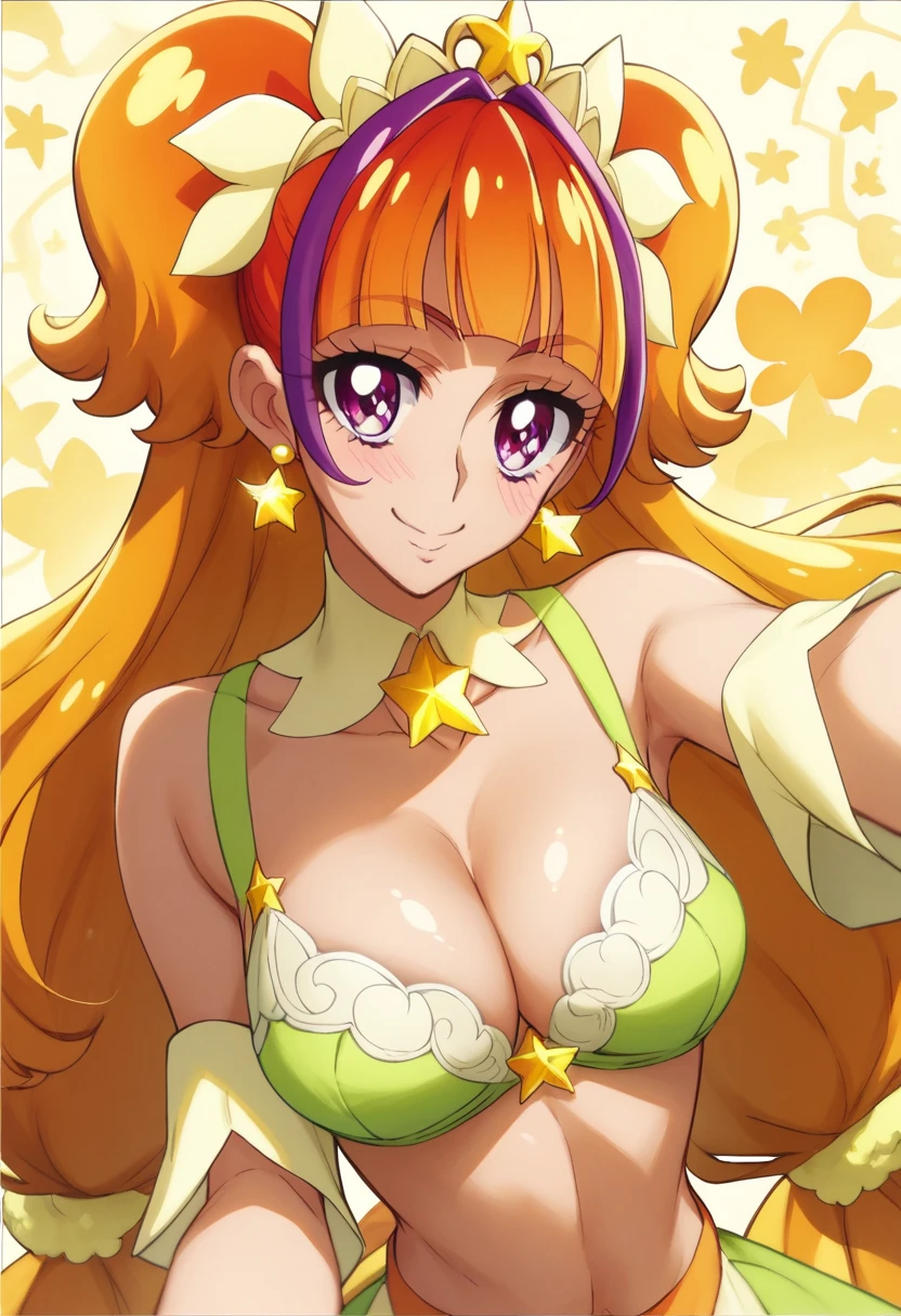 animeソース　（anime）　（ Official Art）　（ very detailed）　 high definition 　 High Quality 　 detailed background、 shiny skin、 pose、 Cure Twinkle、 Big Breasts 　blush　 selfie 　smile　 bra
