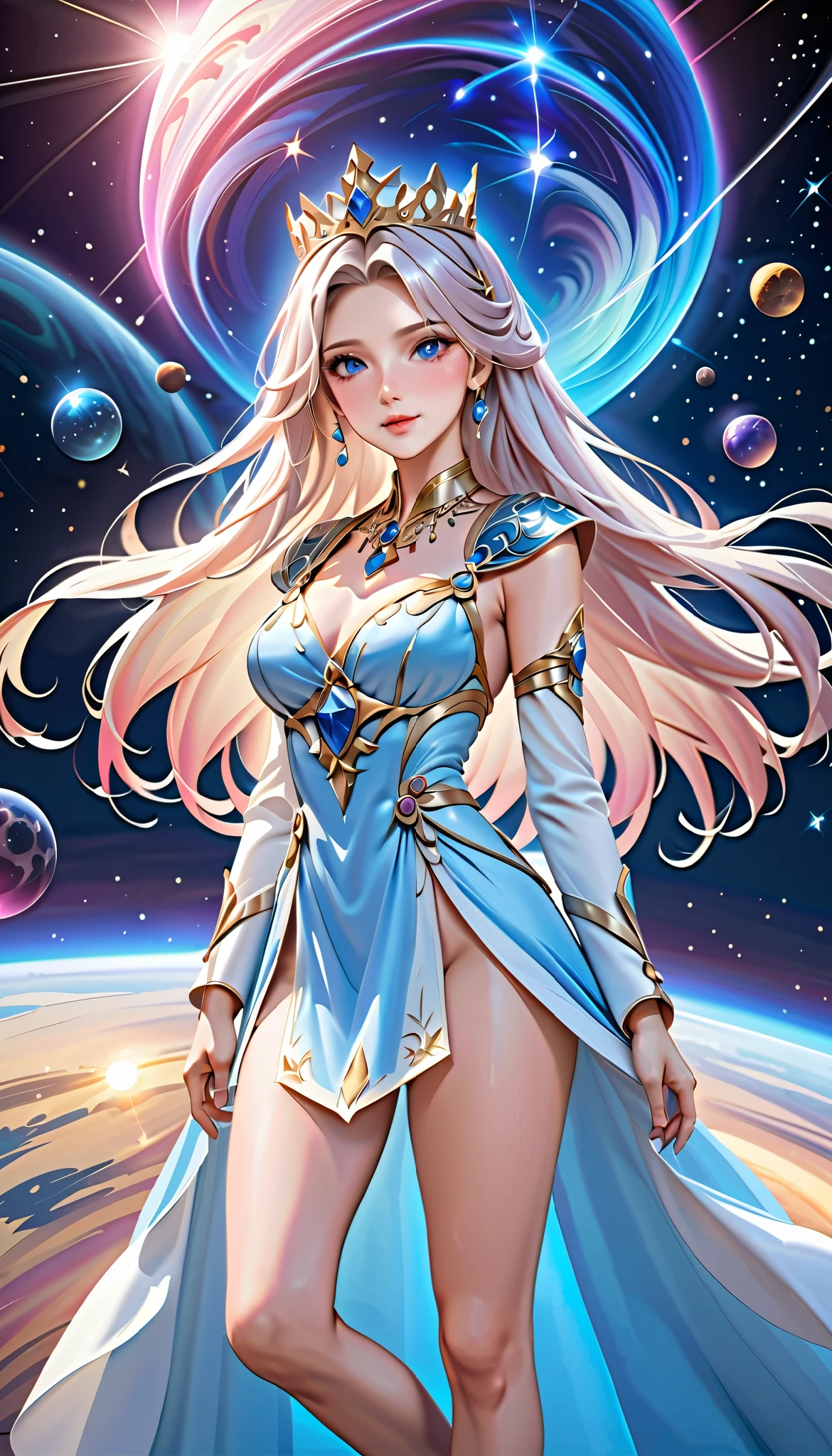 ( best quality, High image quality,  high definition , 8k), The most beautiful goddess,  Anatomically Beautiful Body , Beautiful blue eyes, Beautiful pink lips,  perfect face,  Long Silky Straight Silver Hair, whole body,  White and Light Blue Royal Tunic ,  Quartz and Sapphire Crown ,  standing, Detailed illustrated art with quiet hand and foot movements ,  look at me and smile, Celestial Bodies, planet, nebula, solar system,  starry sky , meteor,  background, 