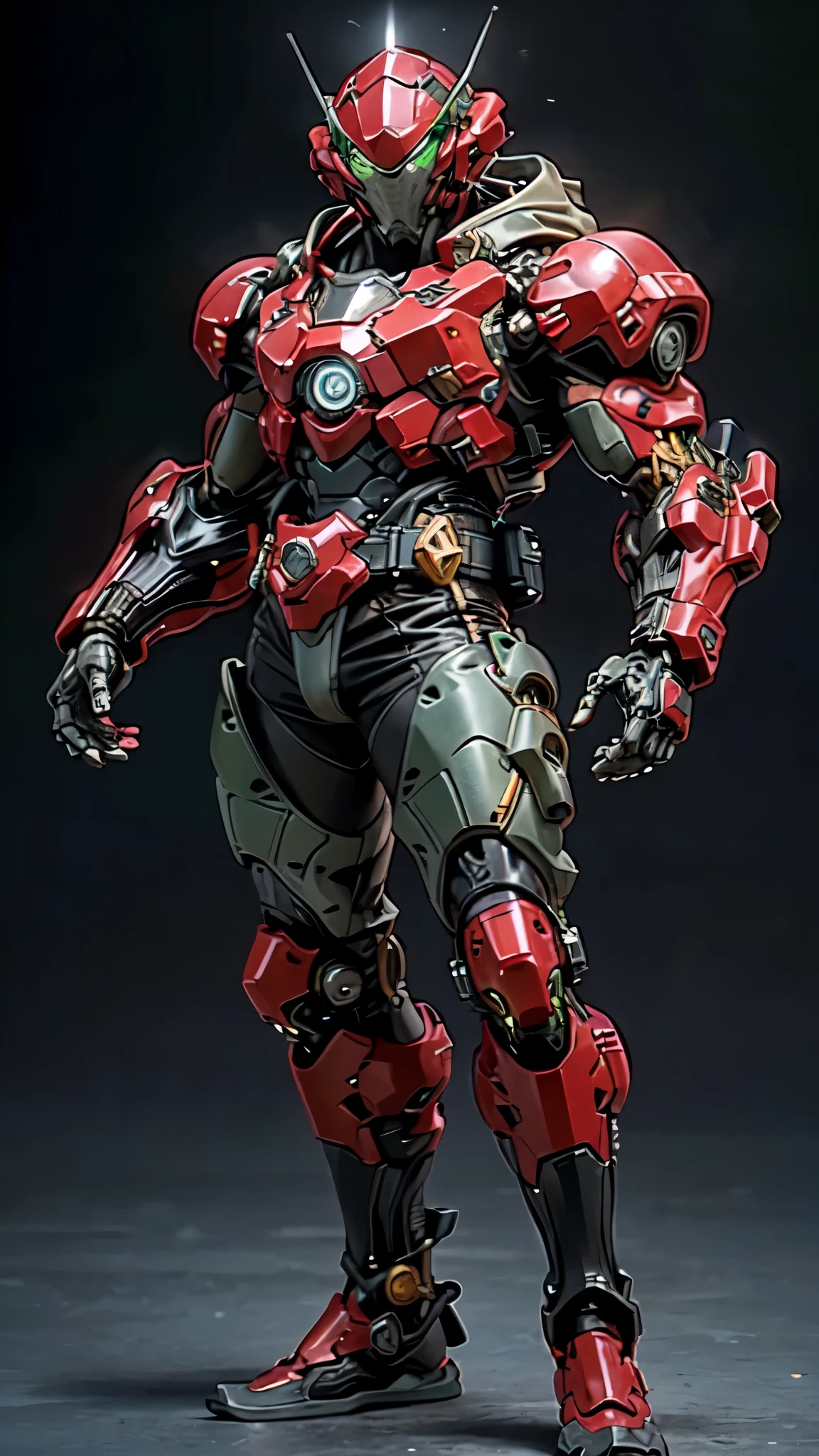 (masterpiece:1.5, best quality:1.5, extremely delicate:1.5), ((male:1.5)), a man wearing a full-face helmet, high-tech biomimetic armored combat suit, (a composite layered chest armor), the design balances heavy with agility, fully enclosed shoulder guards, matching arm and leg guards, a belt of gemstone, (the color scheme is primarily Red with Green and Yellow accents, Organic Biotech, Concept Inspired by Demon Skeleton, glowing eyes, armor glows), stand of a futuristic sci-fi city, this character embodies a finely crafted fantasy-style armored hero in anime style, exquisite and mature art style, metallic, high definition, highres, ultra-detailed, ultra-fine painting, professional, perfect body proportions, golden ratio, anatomically correct, symmetrical face, extremely detailed eyes and face, high quality eyes, creativity, RAW photo, UHD, 32k, Natural light, cinematic lighting, (masterpiece-anatomy-perfect:1.2)