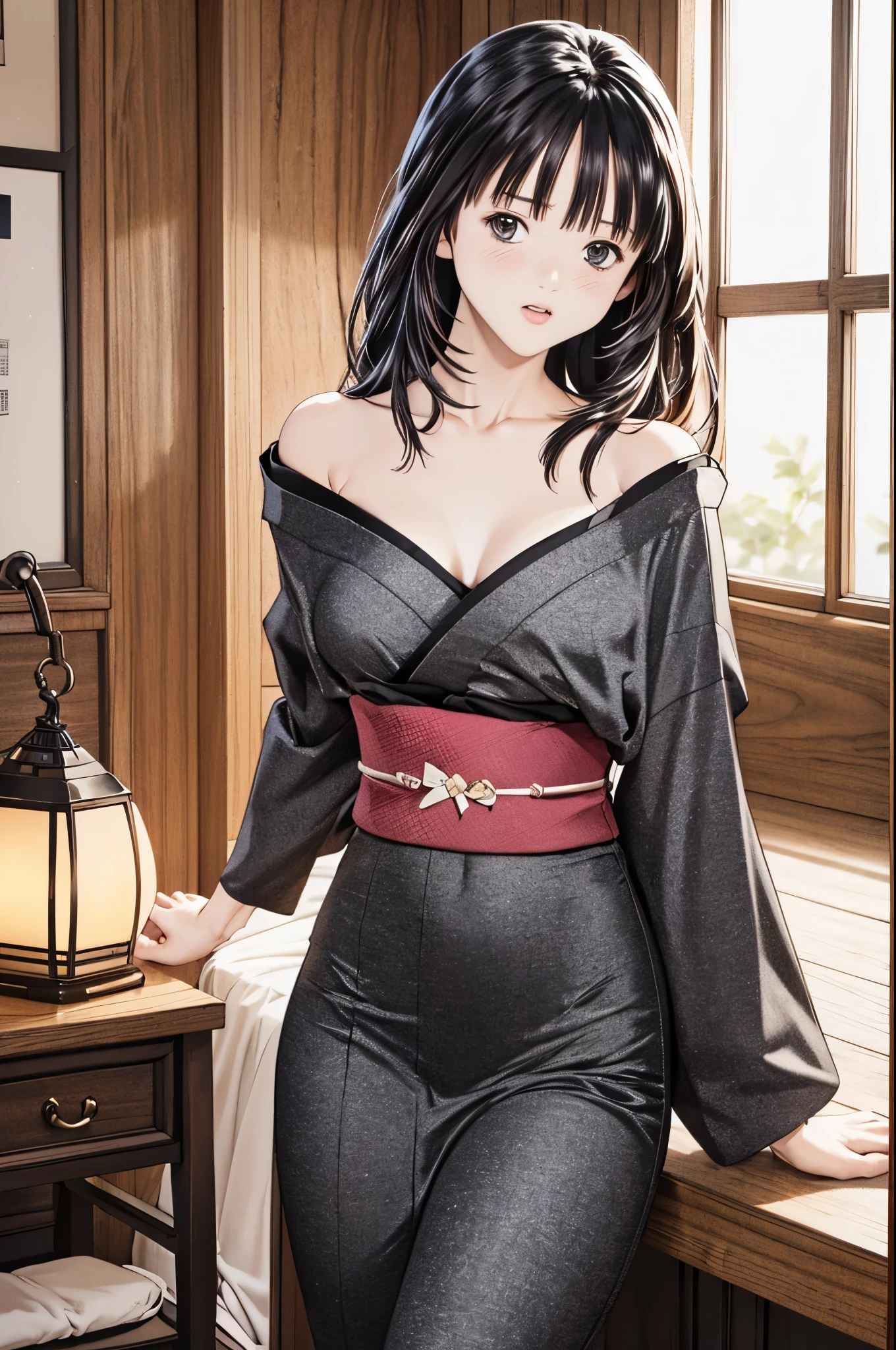 (8k、top-quality、masterpiece:1.2)、( realistic 、 ultra-detailed、 super A high resolution 、 1 girl、 saw Beholder、 beautiful detailed face, look at the viewers, layered hair, long black hair in a Japanese neighborhood,full-face blush、narrow、( slim waist ) :1.3)、 clevis、 beautiful detailed skins、 skin texture、Floating Hair、 professional lighting 、At the shrine,( Human body:1.0),Long Hit,Kimono dress, off shoulder, winks,Wear random colors、 your clothes will come off、nsfw , sexy、