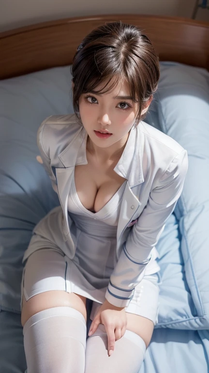 Realistic beautiful doctor、Stunning beauty、Doctor's white coat, doctor fashion、(Top quality、8K、32K、masterpiece、nffsw:1.3)、Ultra-high resolution,(Reality:1.4),Original Photography, Delicate face,,Beautiful short hair, ((Doctor style)), , tight skirt、 Natural Makeup, cleveage, Medium full-breasted、Inside the hospital, Detailed background, Perfect lighting, Depth of Field, Beautiful shadow gradient,Stethoscope , (((whole body))), whole body捕捉, whole body, Legs open, Open your legs, Black, Look at the camera, Attention to detail, beautiful eyes,