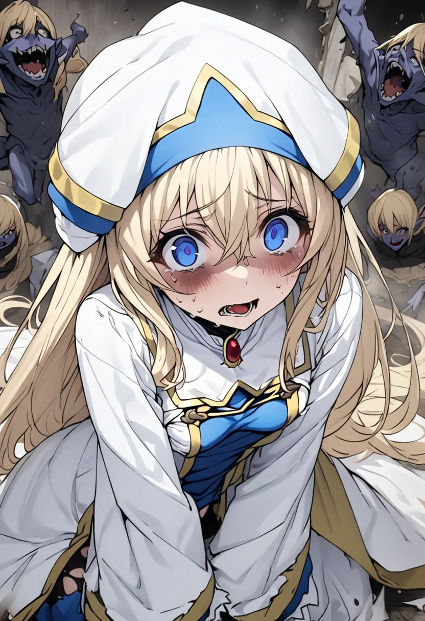 Priestess,  blonde hair,  blue eyes,  long hair,  small breasts、 ( Masterpiece),  best quality,  high definition ,8k、(( are attacked by goblins))、、((Clothes are torn))、( detailed vagina )、(( expression of fear))