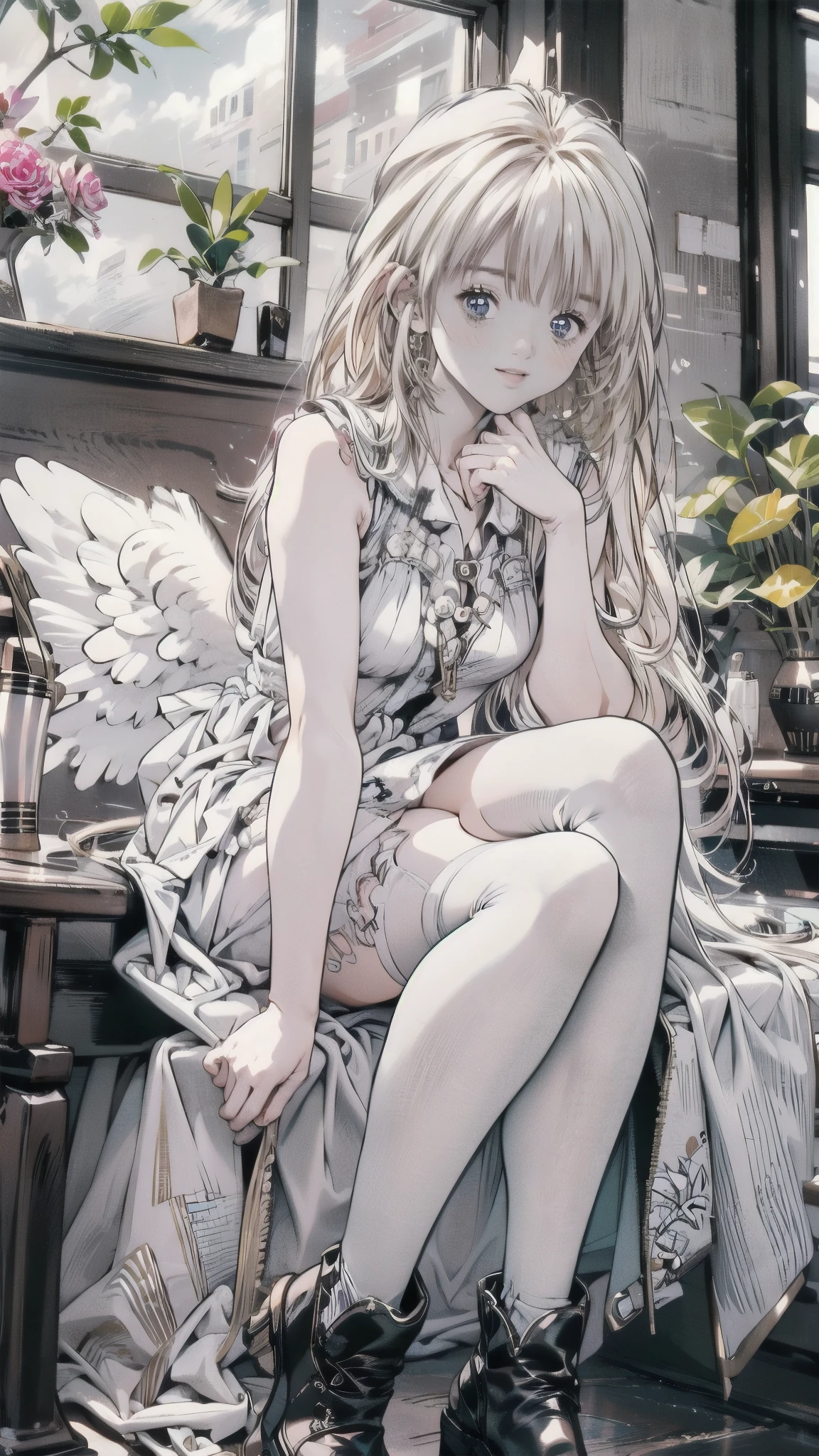 Beautiful girl、とてもcute天使、 pink gothic dress、cute、、smile、 Long Skirt、 Black Long Boots 、Angel Wings、middle ages、