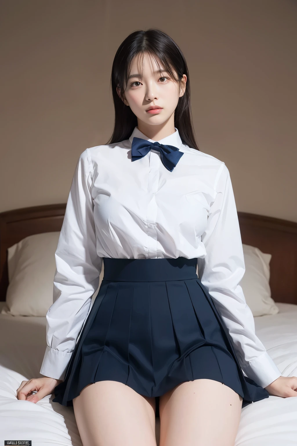 ((Photo Quality))、((Bokeh in the background、Lens aperture f1.8))、(18year old)、 1 人、((student clothes))、lying on one's side on bed、Put your head on the pillow、Open beds in the forest、masterpiece、top-quality、A highly detailed、(Dark blue pleated skirt)、(((White panty)))、((lift up skirt))、White blouse、((Blouse buttons open))、(Front of panties))、long slender legs、(((Raise and open both legs:1.4)))、Small buttocks、((perfect buttocks))
