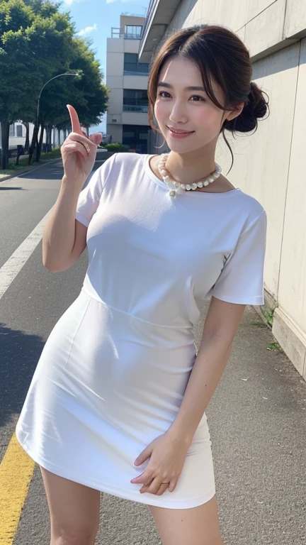 1 female, Black Hair, Brown eyes, Delicate face, cute, Love Earrings, White Dress, Standing at the entrance to the police station, Playful, Ultra HD, masterpiece, Highest quality, Super Detail, Accurate