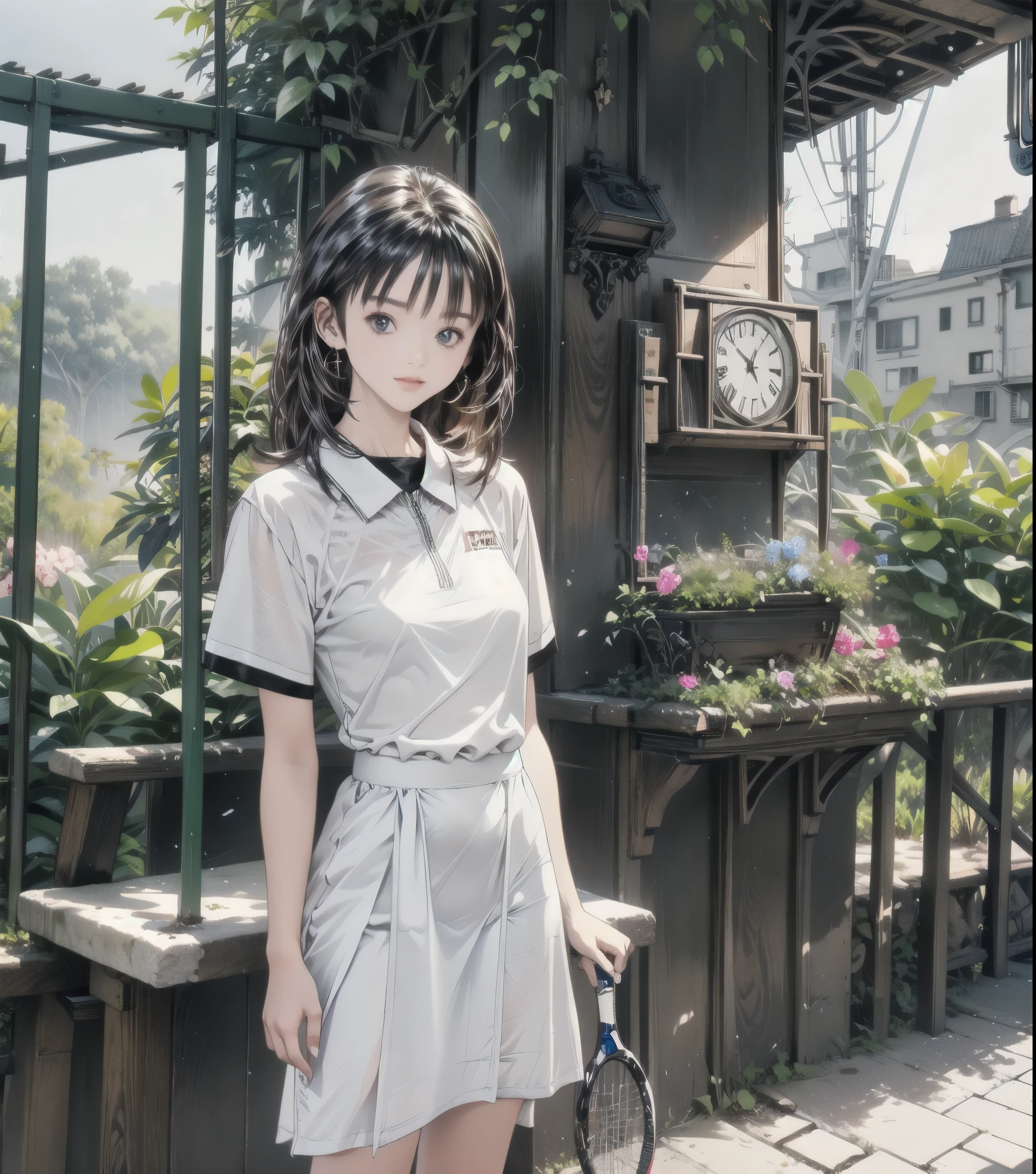 absurd, RAW photos , very delicate and beautiful, Masterpiece , best quality, super high resolution, 32K, hyperrealistic, ultra detail, perfect anatomy , Ultra-detailed skin, PERFECT FIGURE , comet , Late 20s, Very Slim Body , Thin Waist, very small head , beautiful detailed woman , Very Detailed Eyes and Face , Realistic Face Proportions, amazingly detailed eyes , Realistic beautiful face, Very Small Face , realistic little beautiful eyes , Tearful mole, earrings for a woman alone, beautiful and very thin legs , beautiful and very thin thighs , (very big round chest ), Medium Hair , black hair, full body shot, (( Tennis Uniforms )), Shorts, ((Outdoor)),