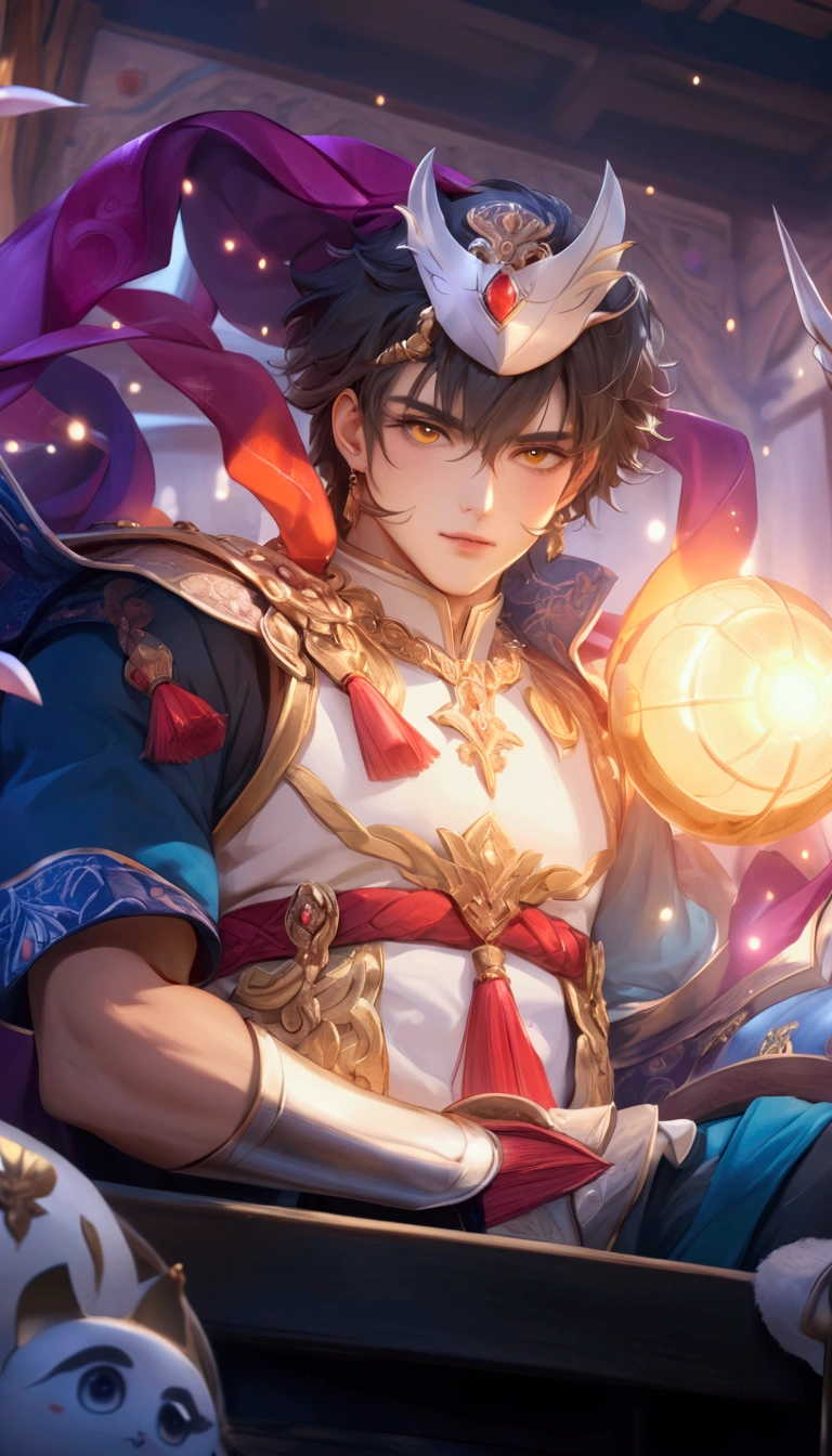 muscular boy, masculine features, wild, masculine, valiant, handsome, rugged, hoodie, traditional Chinese costume, fusion of ancient Chinese and modern, king of rappers, pectoral muscles, abs, cool atmosphere, sitting, solid posture, fashionista, stylish, colorful, individual, luxurious, Cantonese, singing, dancing, sky with stars shining like dreams, quiet night book, Starry sky blooming brightly, whispering dream and confusion border, Cantonese pride, purple and yellow-green