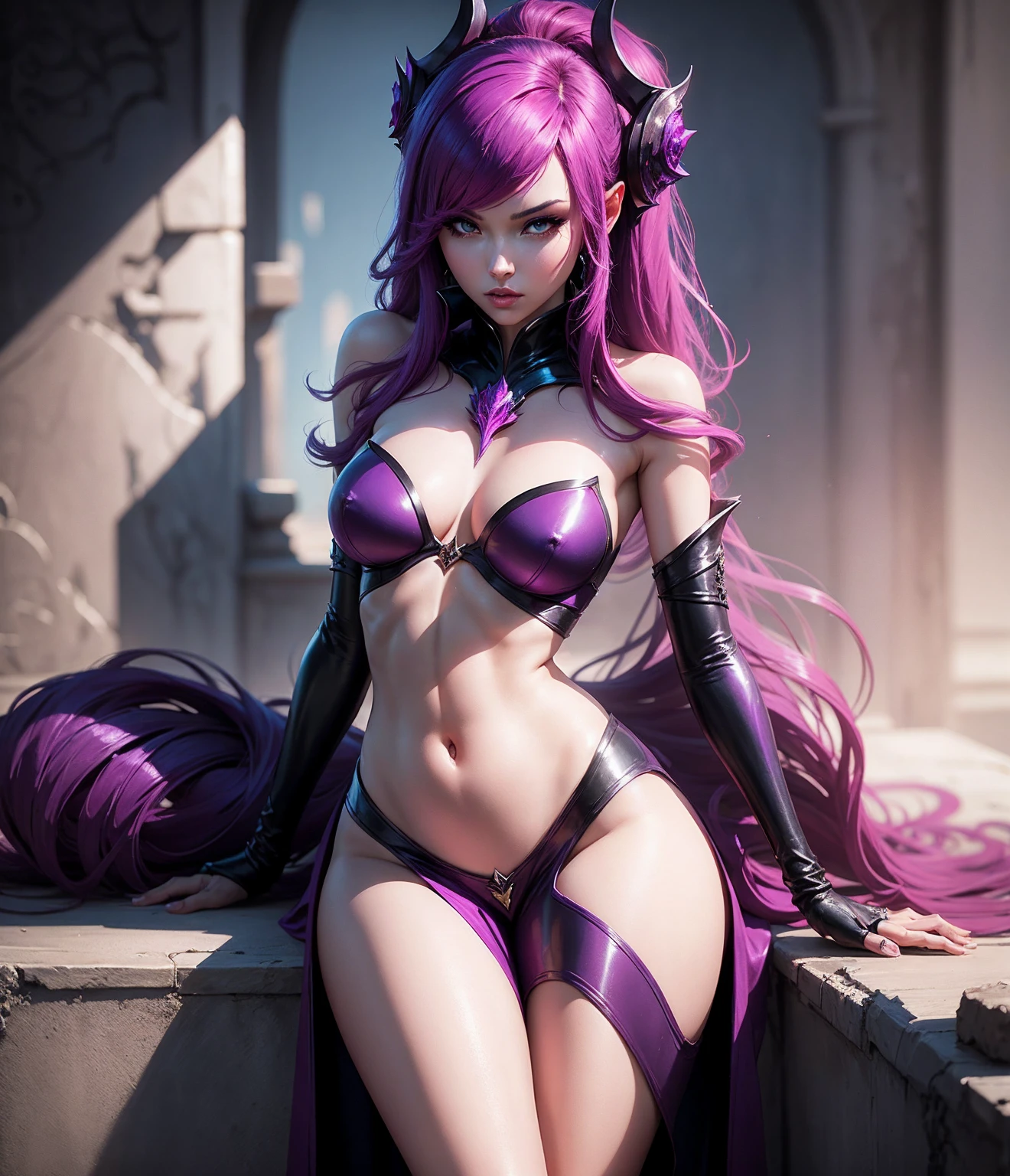 (extremely detailed CG unity 8k wallpaper),(masterpiece), (best quality), (ultra-detailed), (best illustration),(best shadow), (sharp eyeliner, eyeshadow, detailed eyes:1.1), 1girl, solo, elf girl, (sexy, beautiful woman, perfect face, shy, ashame, perfect eyes, fix eyes, green eyes), leash on collar, high heels, legs spread, night, leather purple outfit, she wear purple high heel boots, (green eyes, pink hair)