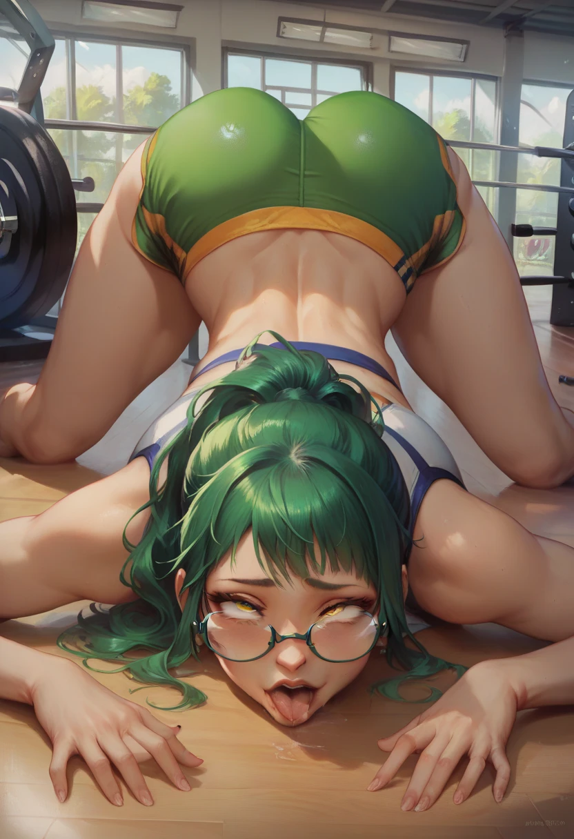 Muscular Beautiful Girl, 1girl, ((solo)), fighting pose, wet, (lie face down, push ups training:1.5), (She lies on her stomach and stretches her legs), gym in the background, view audience, front of view, high ponytail, black armor, hot pants, short pants, smile, mastepiece, best quality, 8K, Super detailed, perfect face, detailed eyes, hard lighting, dynamic shadow, increase depth of field,