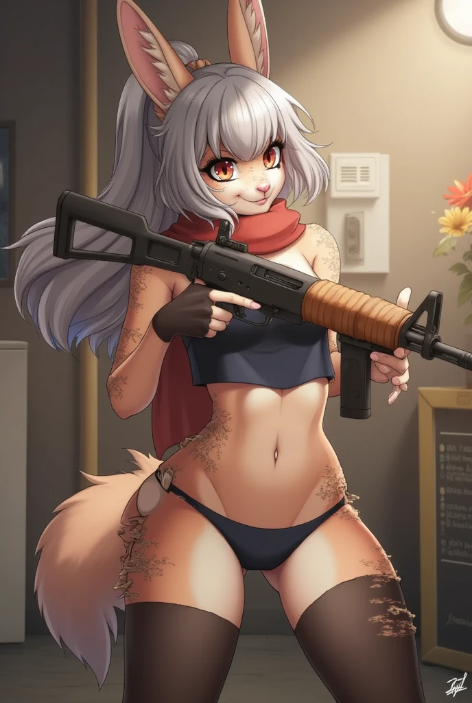 best quality, amazing quality, very aesthetic, absurdres, iskra, 1girl, (furry, kemono:1.3), rabbit, rabbit girl, rabbit ears, breasts, long hair, grin, large breasts, navel, red eyes, bare shoulders, grey hair, blue hair, gloves, shorts, thighhighs, fingerless gloves, clothing cutout, short shorts, crop top, panties, highleg panties, belt, elbow gloves, scarf, torn clothes, white panties, kalashnikov rifle, trigger discipline, glowing, scope, solo, holding, midriff, weapon, gun, assault rifle, rifle, smile, holding weapon, highleg, skindentation, holding gun, black gloves, underwear, black thighhighs, teeth, red scarf, smoke, tattoo, torn thighhighs, white belt,