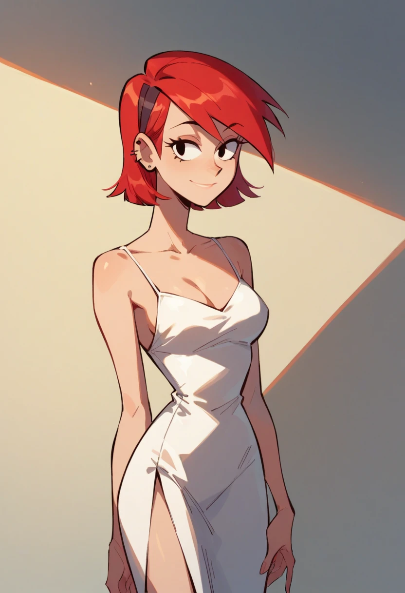 FrankieFoster, red medium hair, bob hair cut, black eyes, posing, solo, white Satin Slip Dress, spaghetti straps, midi length, side slit, light smile, beautiful, arms at sides, standing up, looking at viewers
