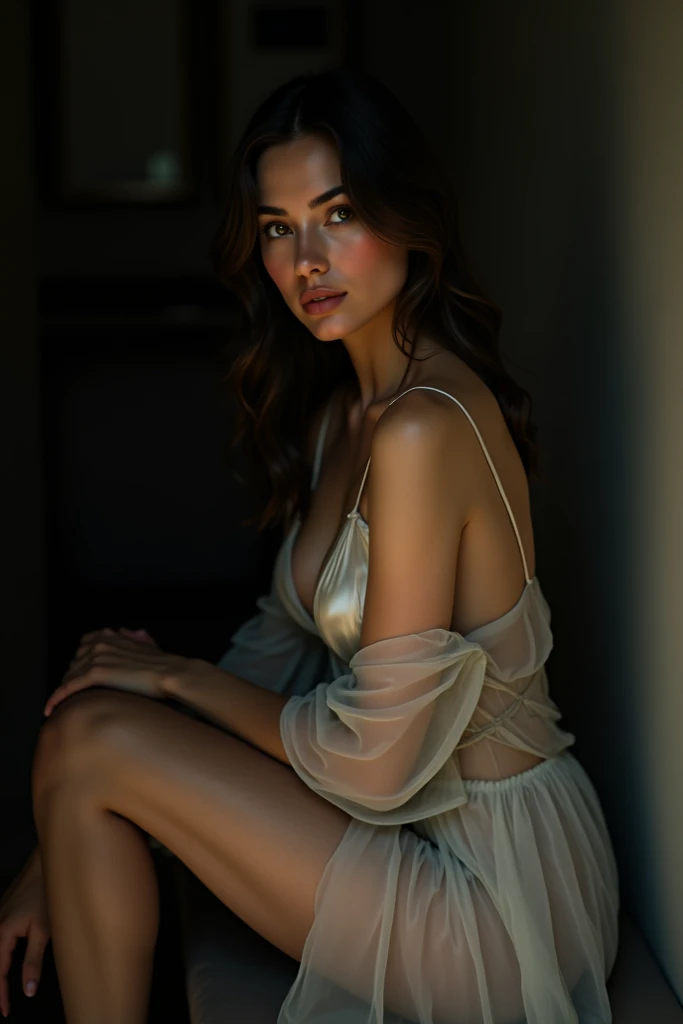 ((Realistic lighting, best qualtiy, 8K, tmasterpiece:1.3)), sharp fokus:1.2, 1girll, Beautiful Women with Perfect Figure:1.4, Slim abs:1.1, ((dark brown hair)), (White crop top:1.4),(exteriors,during night:1.1),Sit on the indoor bed,Ultra-fine face,Fine eyes,二重まぶた,Leaks out of the entire delicate breast,closeup of face:1.6,White unknown liquid on the face