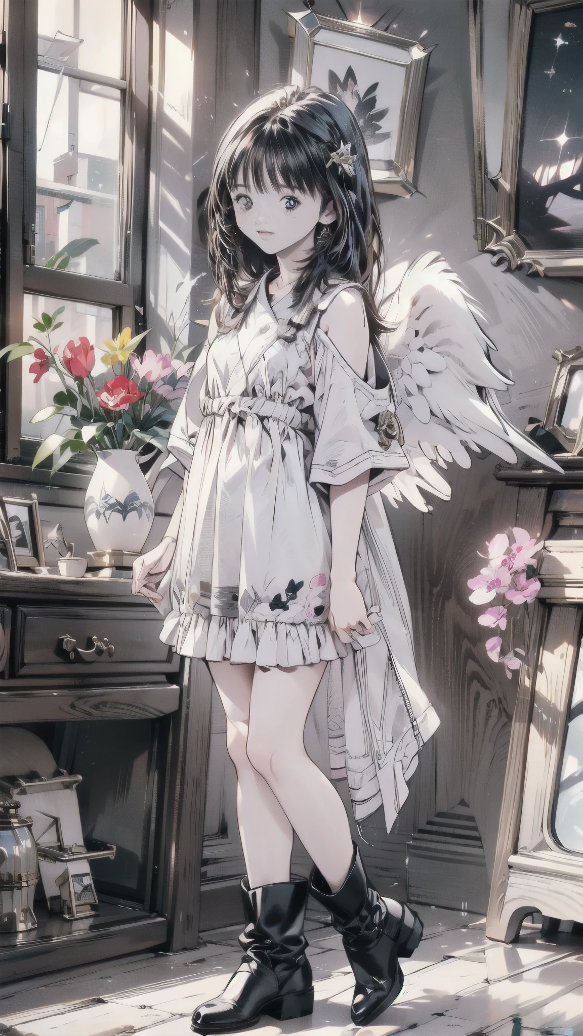 Beautiful girl、とてもcute天使、 pink gothic dress、cute、、smile、 Long Skirt、 Black Long Boots 、Angel Wings、middle ages、 princess your toddler、
