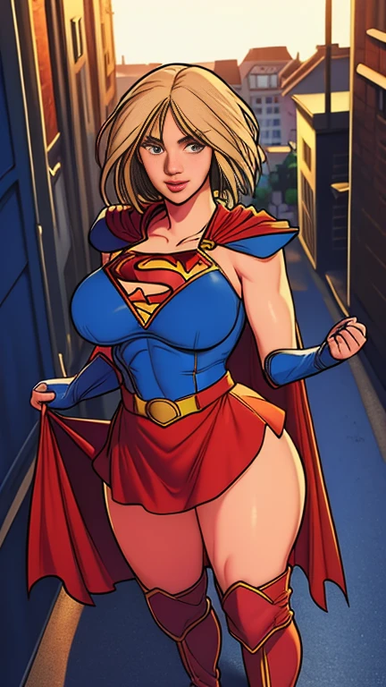 (    best quality ), (    best quality ), (Overall view), Backstreets,Supergirl with sexy body,  Big Breasts, Beauty,       Plump Lips  ,    halter neck tops  ,     short skirt  , Cape,    boots, low top    