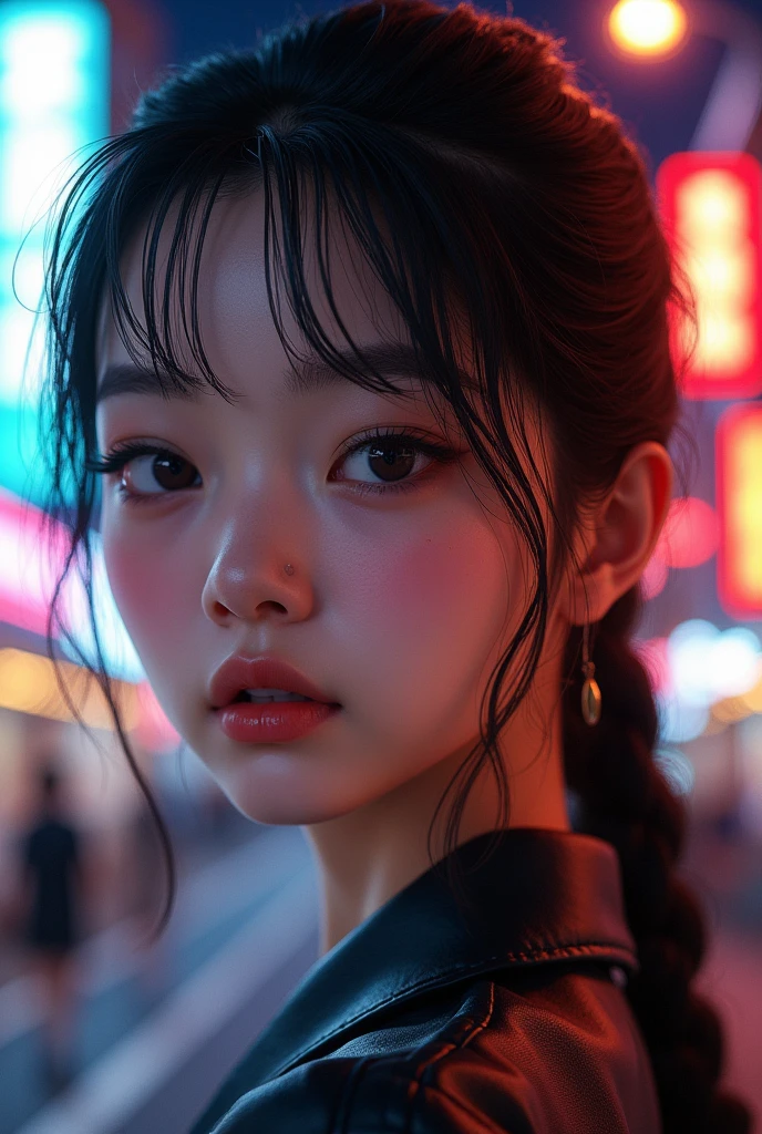masterpiece, Highest quality, 8K, 15 years, Teen, RAW Photos, Absurd, Award-winning portrait, alone, night, neon, Idol&#39;s face, Violet, Gardenias, Delicate girl, whole body, Digital SLR, View your viewers, Frank, Sophisticated, like々Shii, Thin arms, Professional Lighting, Film Grain, chromatic aberration, (Detailed eyes and face:1.0), (Bokeh:1.1)