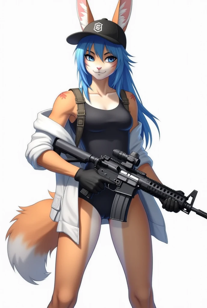 best quality, amazing quality, very aesthetic, absurdres, iskra, 1girl, (furry, kemono:1.3), rabbit, rabbit girl, rabbit ears, navel, stomach, breasts, long hair, blue eyes, large breasts, blue hair, off shoulder, bare shoulders, black hair, hat, gloves, baseball cap, crop top, shirt, sleeveless shirt, sleeveless, mask, long sleeves, belt, jacket, looking at viewer, standing, coat, solo, holding, midriff, open clothes, open coat, white background, upper body, simple background, weapon, gun, rifle, holding weapon, black shirt, holding gun, black gloves, assault rifle, white coat, black headwear, sig sauer, closed mouth, unworn mask, black belt, harness, white jacket,