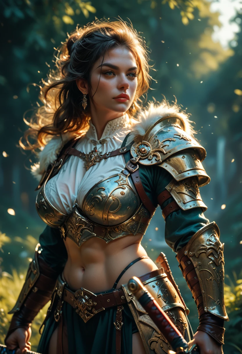 A  woman warrior with large breasts, wearing a fur-lined armor, holding a sword, solo portrait, dark fantasy, 