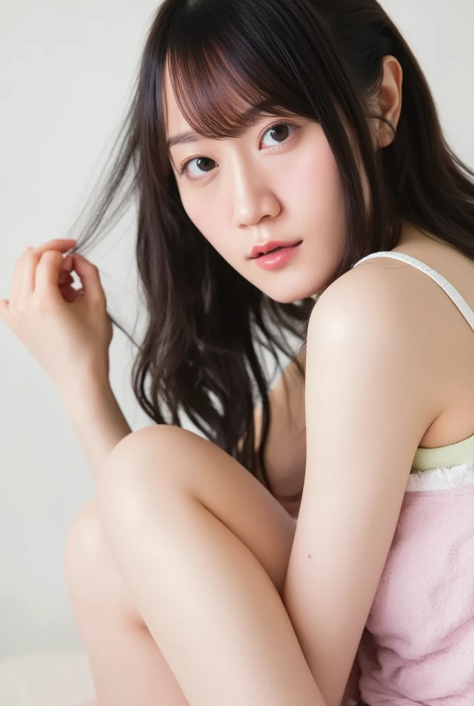 (masterpiece), (highest quality), (Super detailed), (messy hair), (shape), (one japanese girl), (fashionable lace bra), Are standing, Fashion Model, (interview), (simple pink background), fine and beautiful eyes, delicate beautiful face, floating, (high color saturation),  focus on face, ponytail, black hair, bangs,floating Hairs, (shining), best writing, best shadow,stylish living room