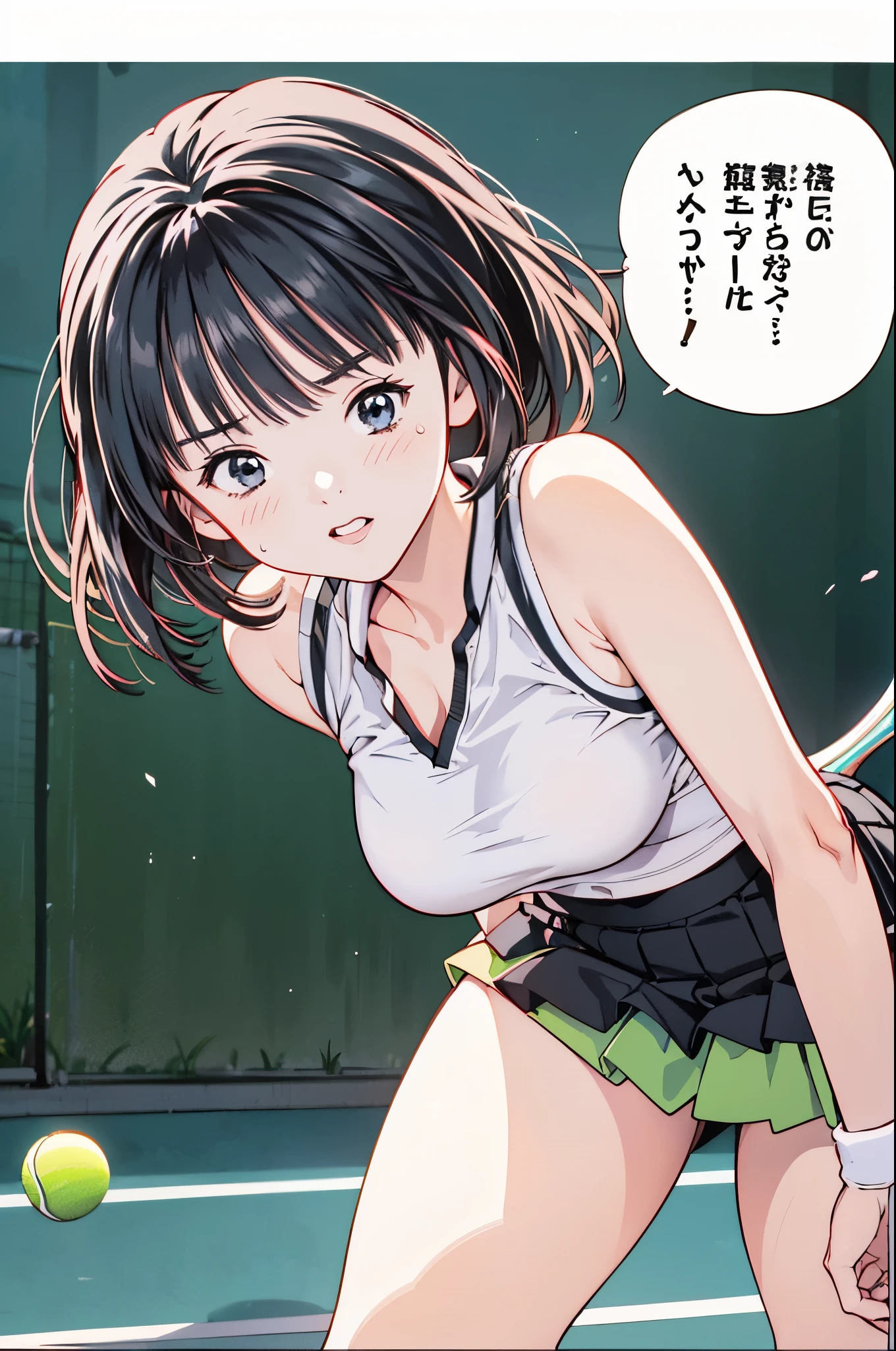 1girl, solo, white polo shirt, white sneakers, tennis wear, white miniskirt, small breasts, wet from sweat, visible panties, masterpiece, best quality, realistic, hyper-detailed, (shiny skin, sweaty:1.4), absurd, looking at viewer, short black hair, brown eyes, slender, dynamic lighting, high resolution, sharp focus, depth of field, detailed eyes, sharp pupils, realistic pupils, (small breasts:1.6), (thick thighs:1.0), outdoor, sky
